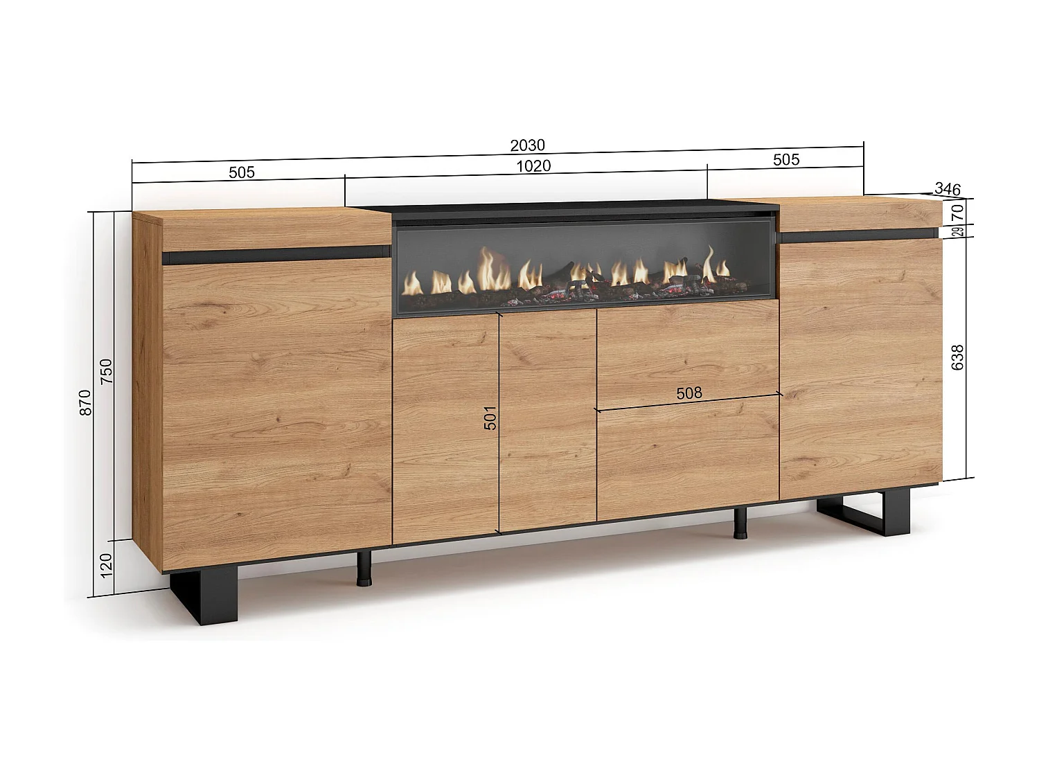 Aparador sala de jantar, 200x35x87cm, 4 Portas, Lareira eléctrica, Design industrial, Carvahlo e preto