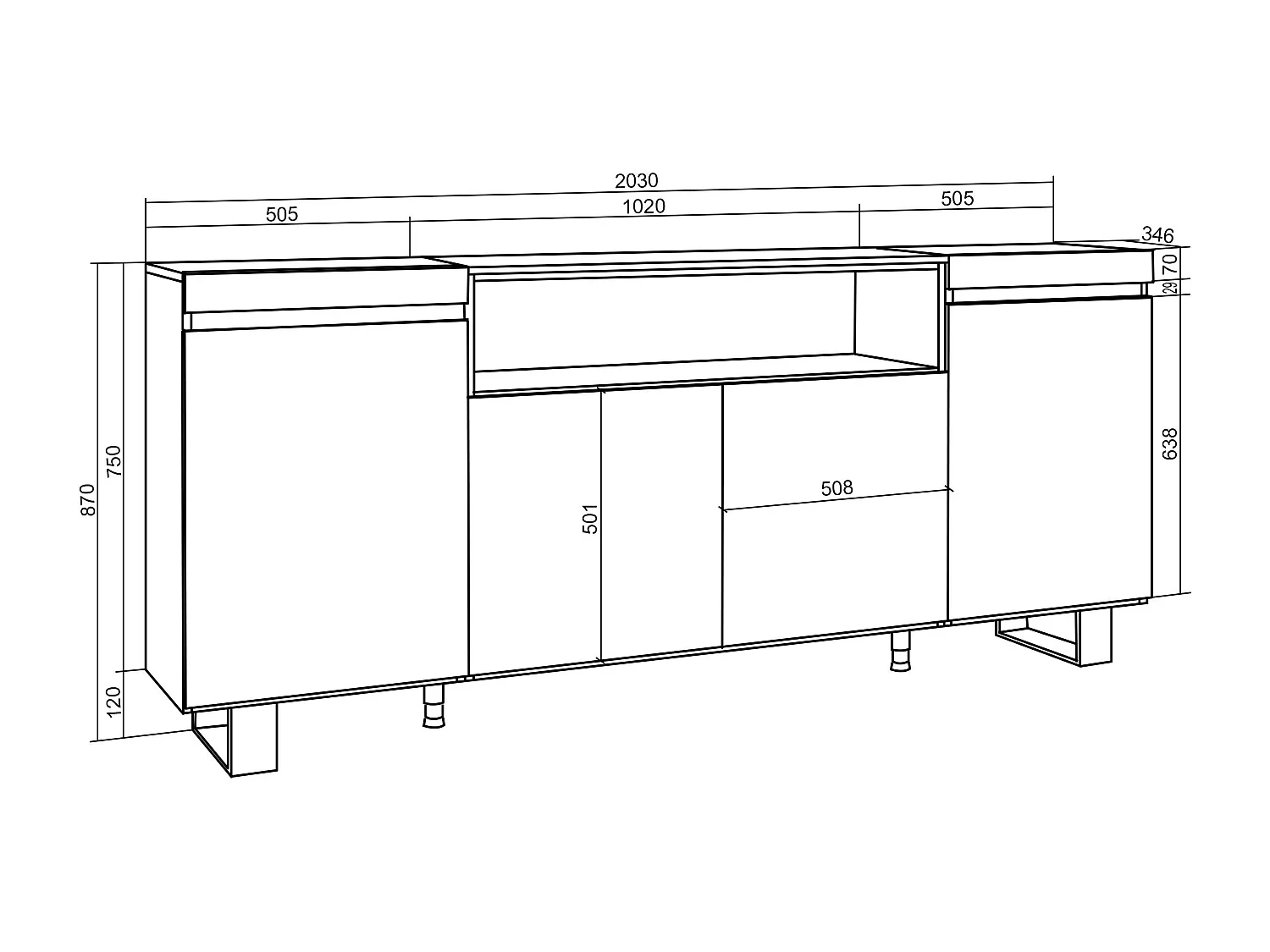 Aparador sala de jantar, 200x35x87cm, 4 Portas, Lareira eléctrica, Design industrial, Carvahlo e preto