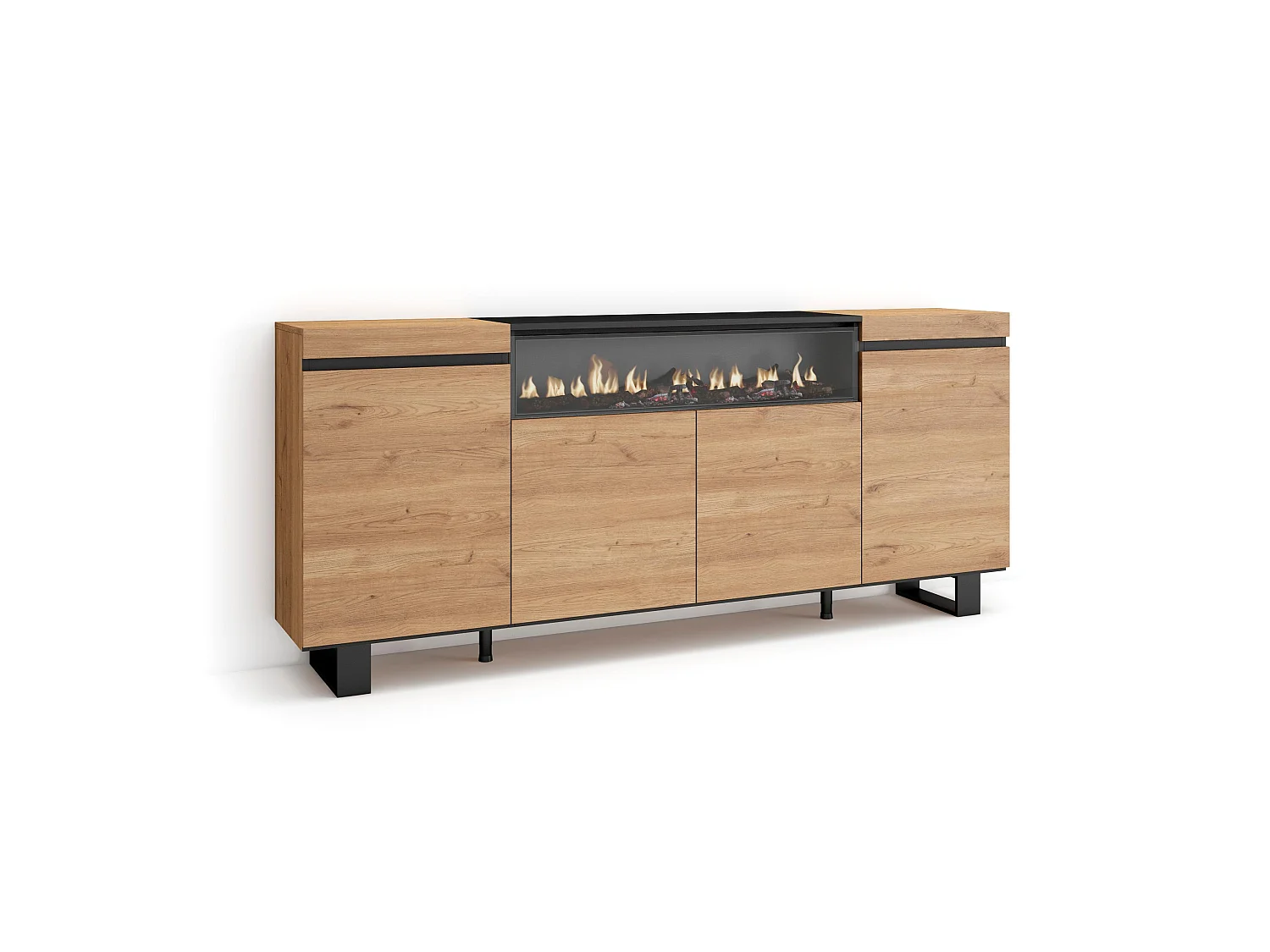 Buffet salon et cuisine, 200x35x87cm, 4 Portes, Cheminée électrique, Design industriel, Chêne et noir