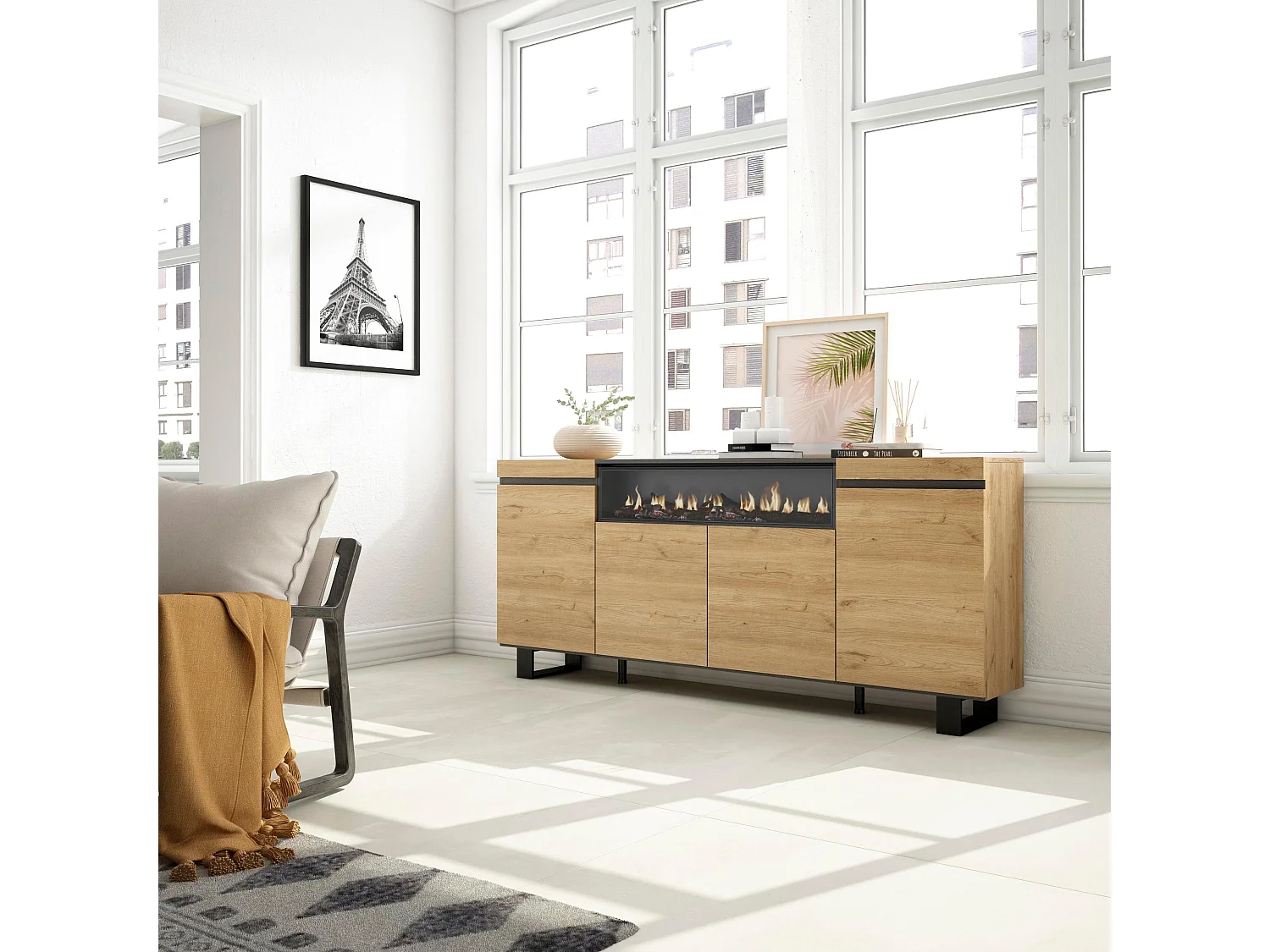 Buffet salon et cuisine, 200x35x87cm, 4 Portes, Cheminée électrique, Design industriel, Chêne et noir