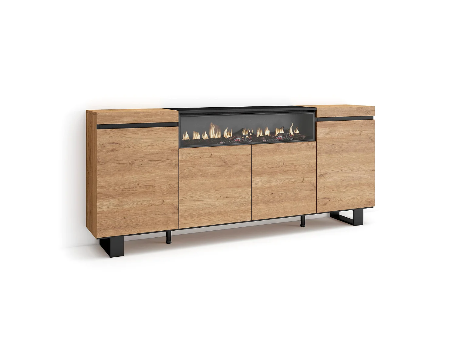Aparadores para salón, 200x35x87cm, 4 Puertas, Chimenea eléctrica, Diseño industrial, Roble y negro