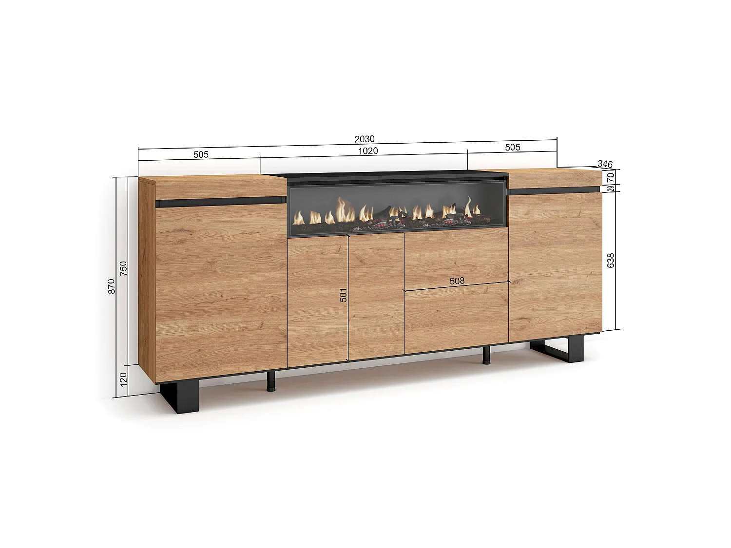 Aparadores para salón, 200x35x87cm, 4 Puertas, Chimenea eléctrica, Diseño industrial, Roble y negro