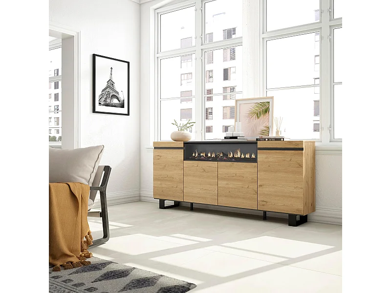 Buffet salon et cuisine, 200x35x87cm, 4 Portes, Cheminée électrique, Design industriel, Chêne et noir