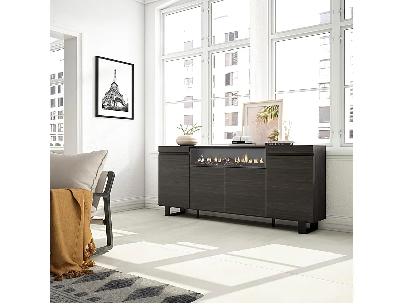 Sideboard, Highboard, 200x35x87cm, 4 Türen, Elektrokamin, Industriedesign, Schwarz