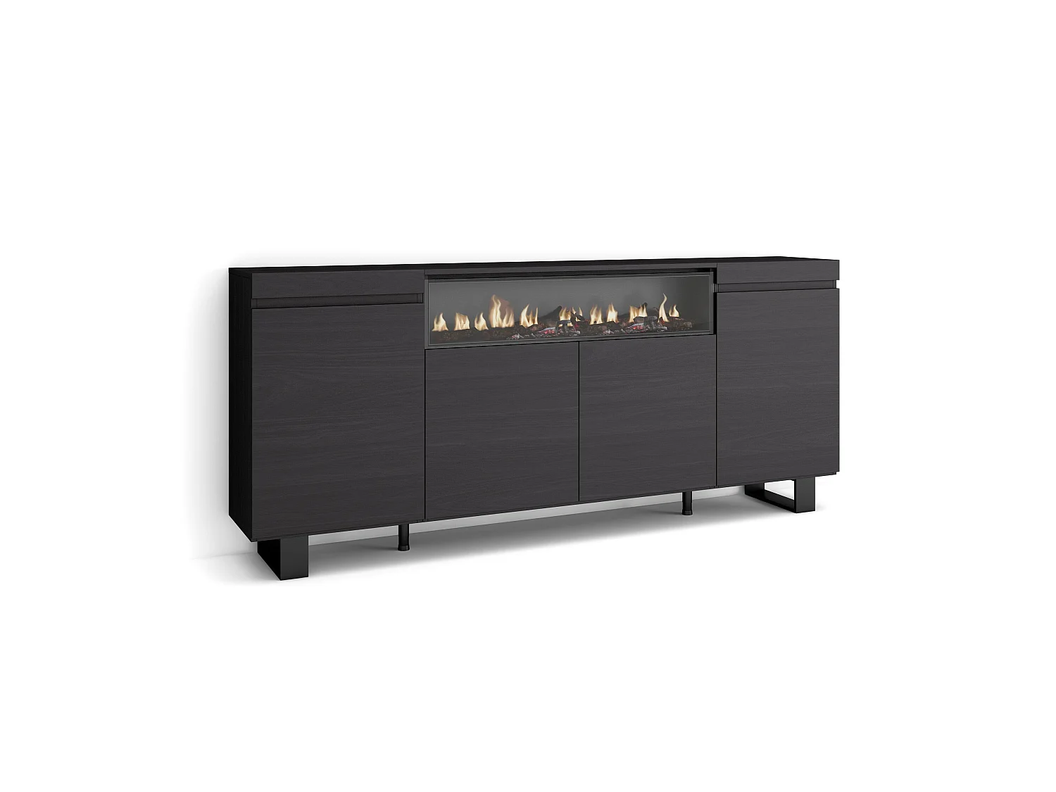 Buffet salon et cuisine, 200x35x87cm, 4 Portes, Cheminée électrique, Design industriel, Noir