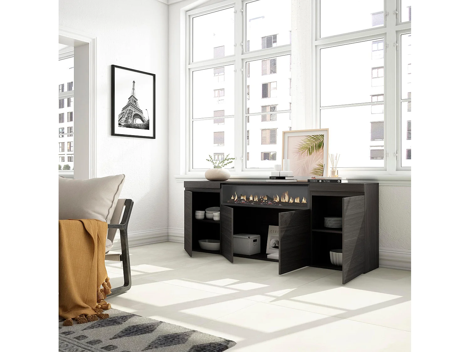 Buffet salon et cuisine, 200x35x87cm, 4 Portes, Cheminée électrique, Design industriel, Noir