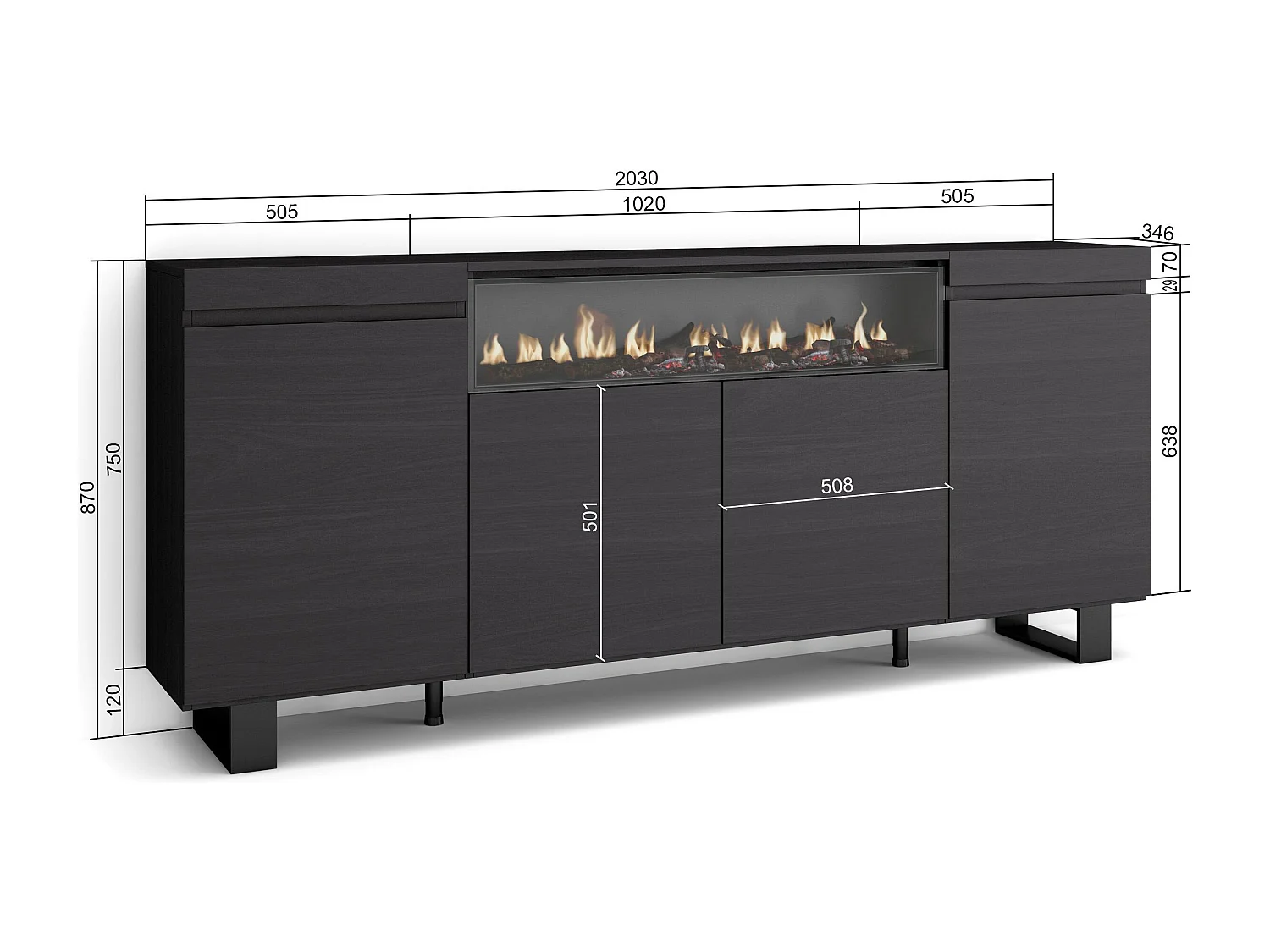 Buffet salon et cuisine, 200x35x87cm, 4 Portes, Cheminée électrique, Design industriel, Noir