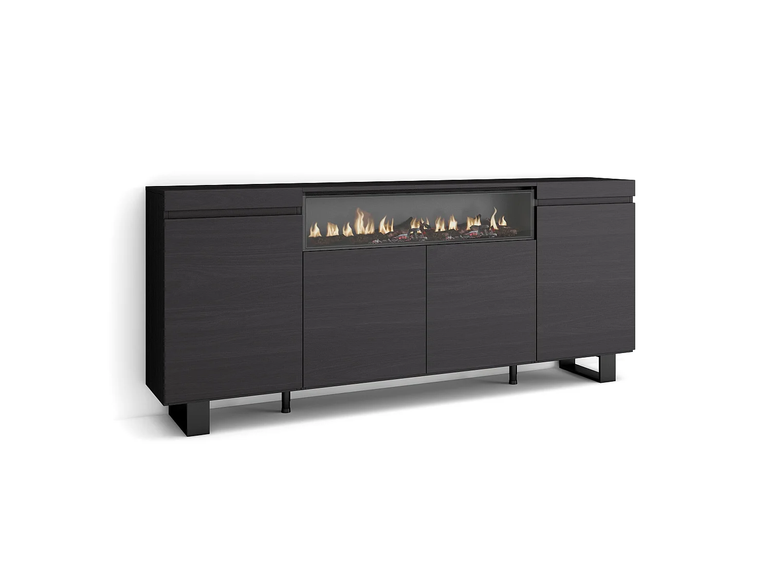 Sideboard, Highboard, 200x35x87cm, 4 Türen, Elektrokamin, Industriedesign, Schwarz