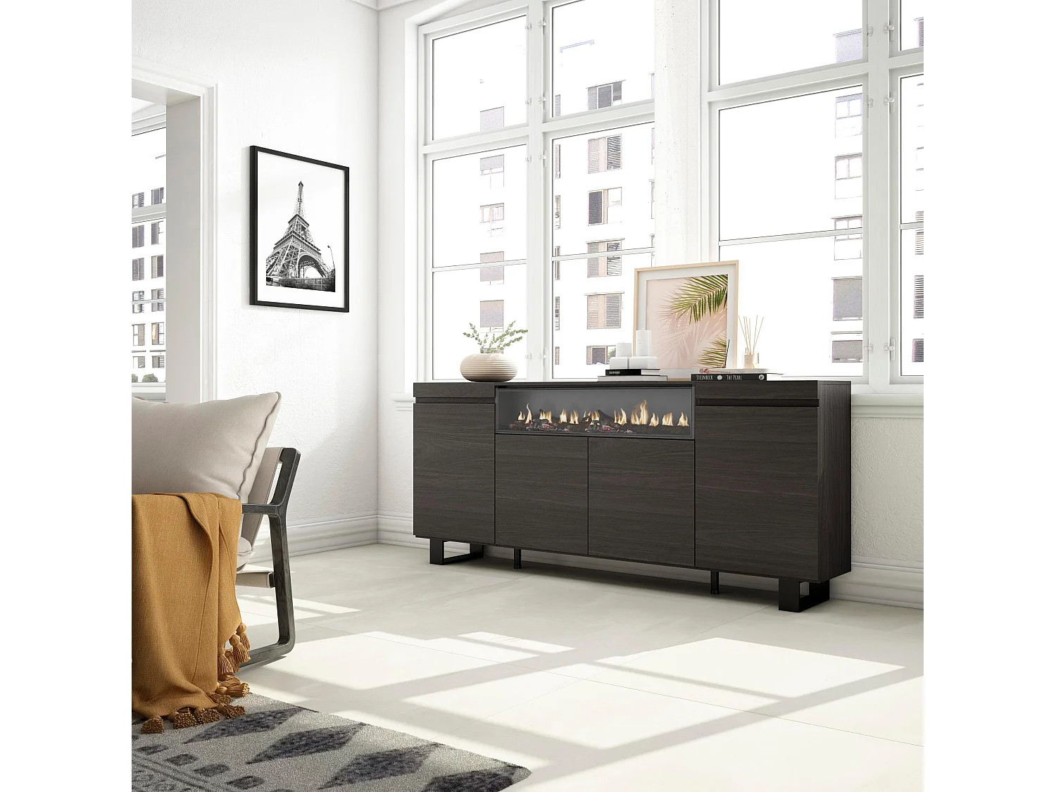 Sideboard, Highboard, 200x35x87cm, 4 Türen, Elektrokamin, Industriedesign, Schwarz