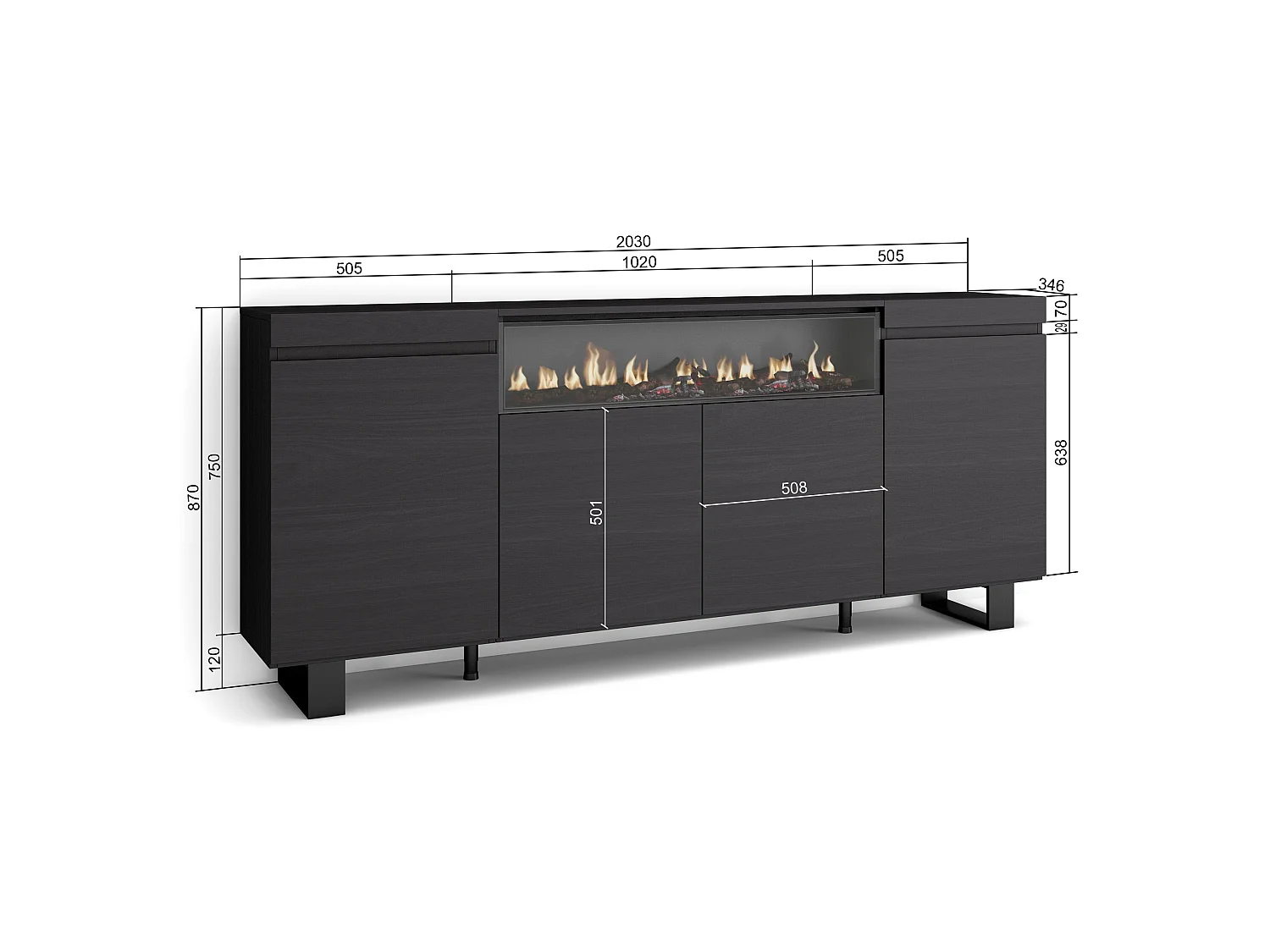 Sideboard, Highboard, 200x35x87cm, 4 Türen, Elektrokamin, Industriedesign, Schwarz