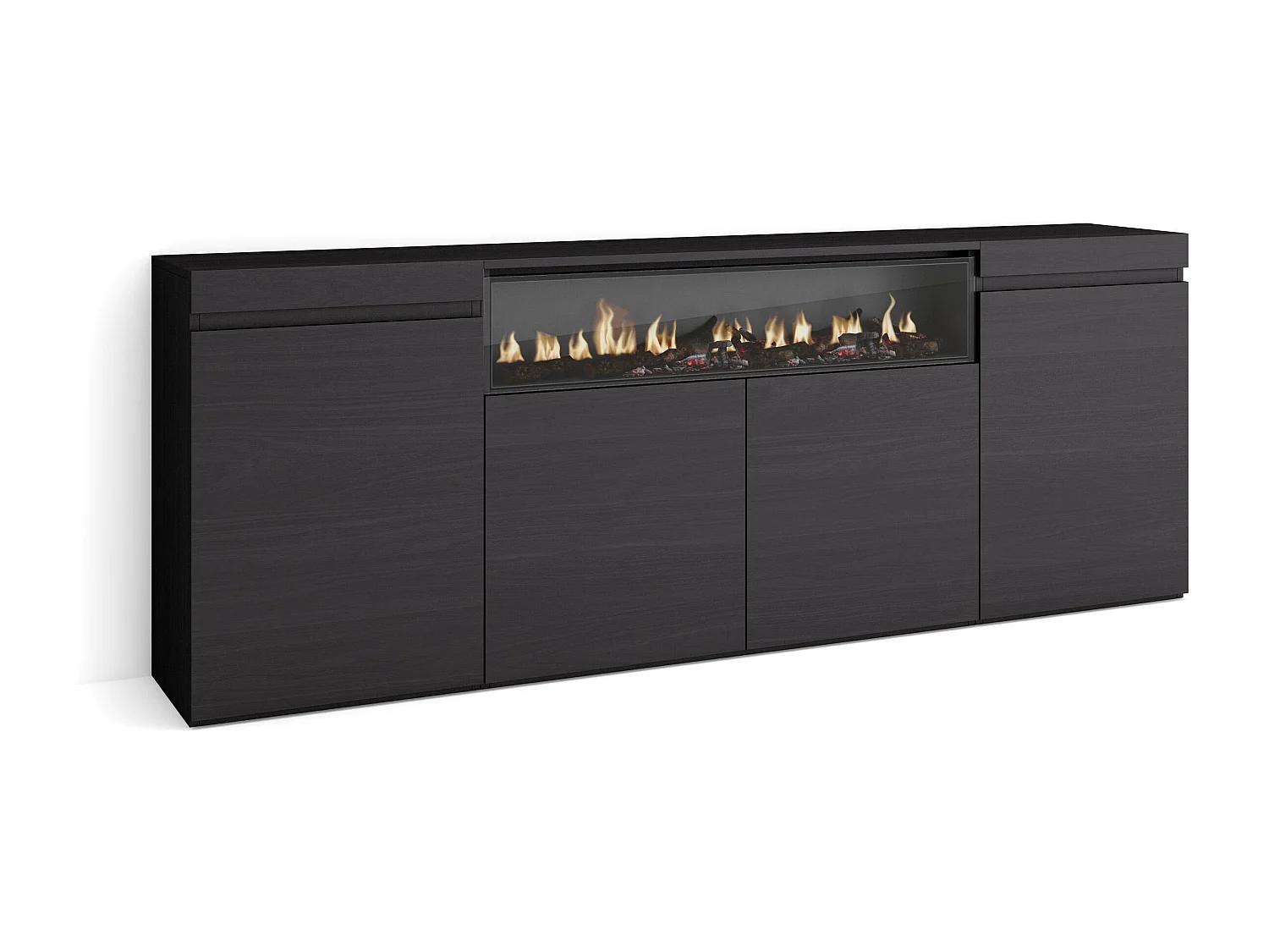 Credenza, Mobile, Cucina, 200x35x75cm, 4 Porte, Camino elettrico, Nero
