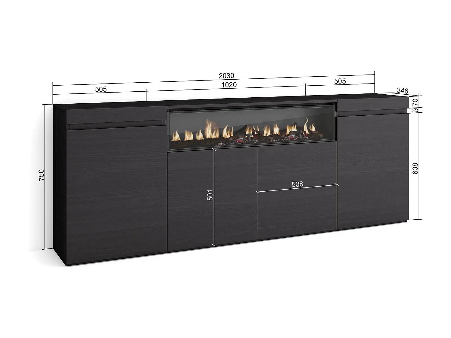 Credenza, Mobile, Cucina, 200x35x75cm, 4 Porte, Camino elettrico, Nero