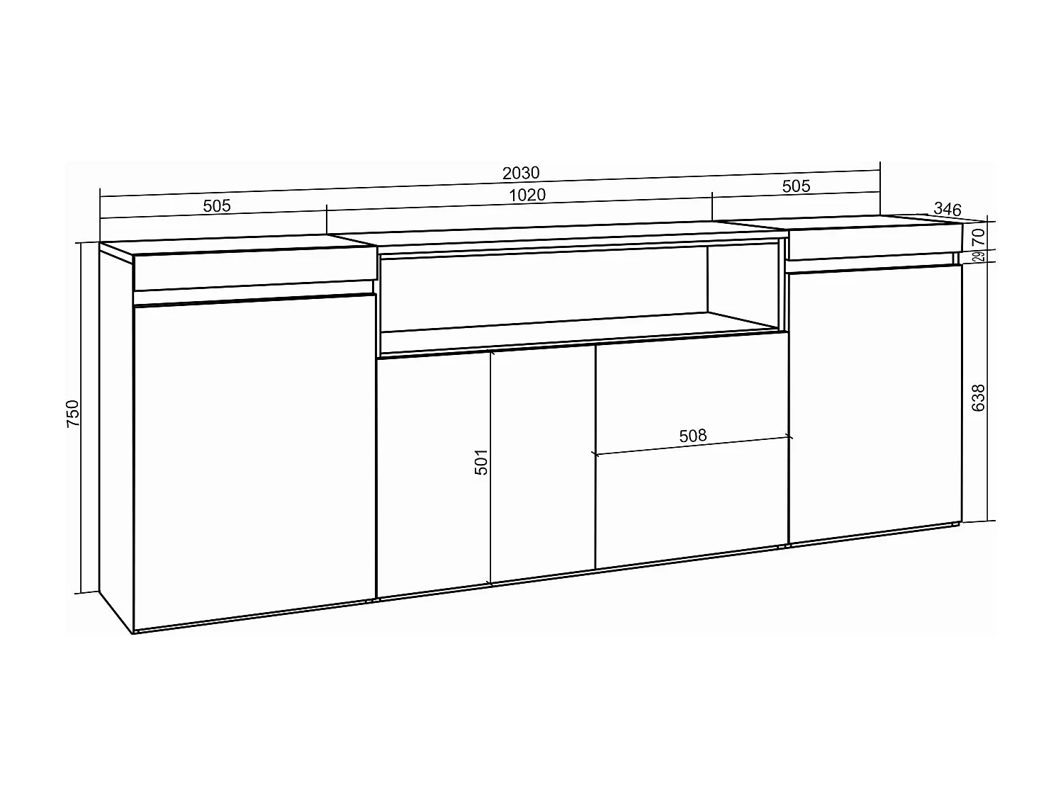 Credenza, Mobile, Cucina, 200x35x75cm, 4 Porte, Camino elettrico, Nero
