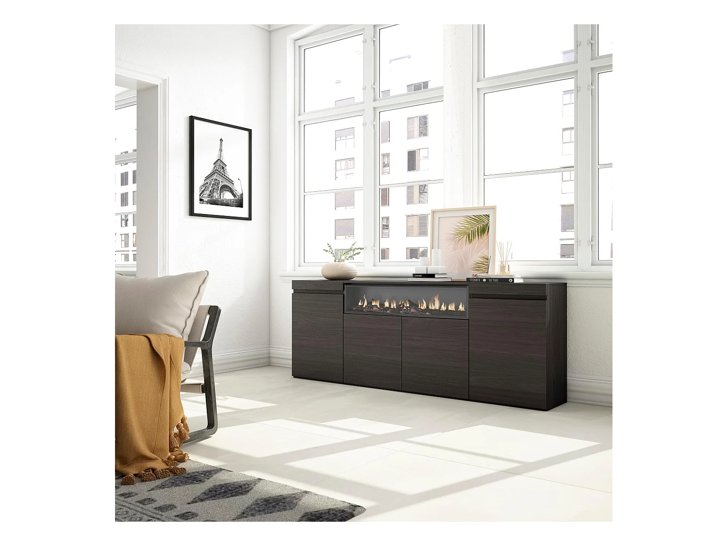 Buffet salon et cuisine, 200x75x35cm, 4 Portes, Cheminée électrique, Noir