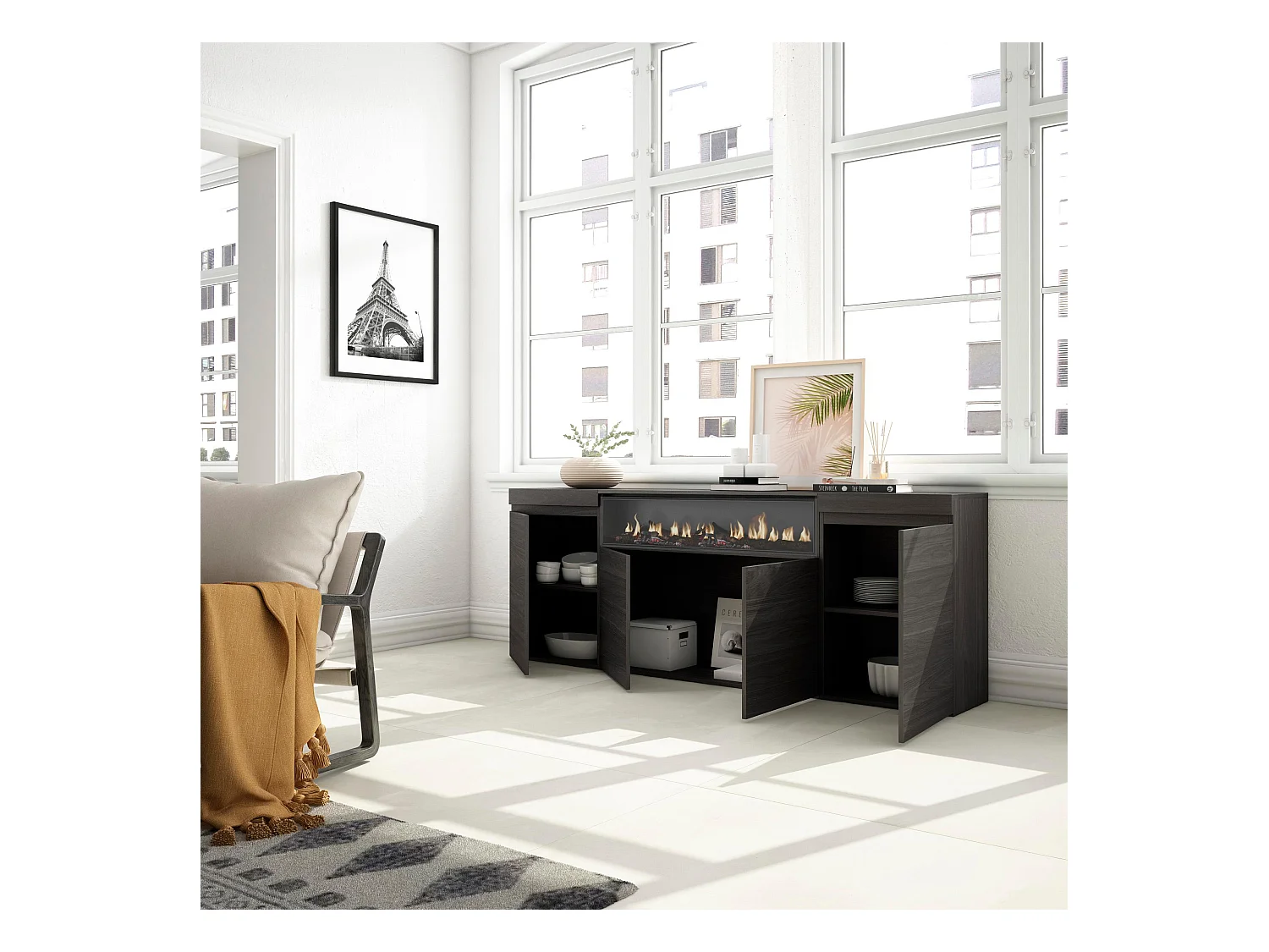 Dressoir, Opbergkast, 200x75x35cm, 4 Deuren, Elektrische haard, Zwart