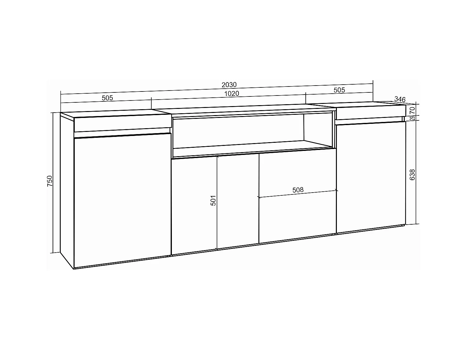 Dressoir, Opbergkast, 200x75x35cm, 4 Deuren, Elektrische haard, Zwart