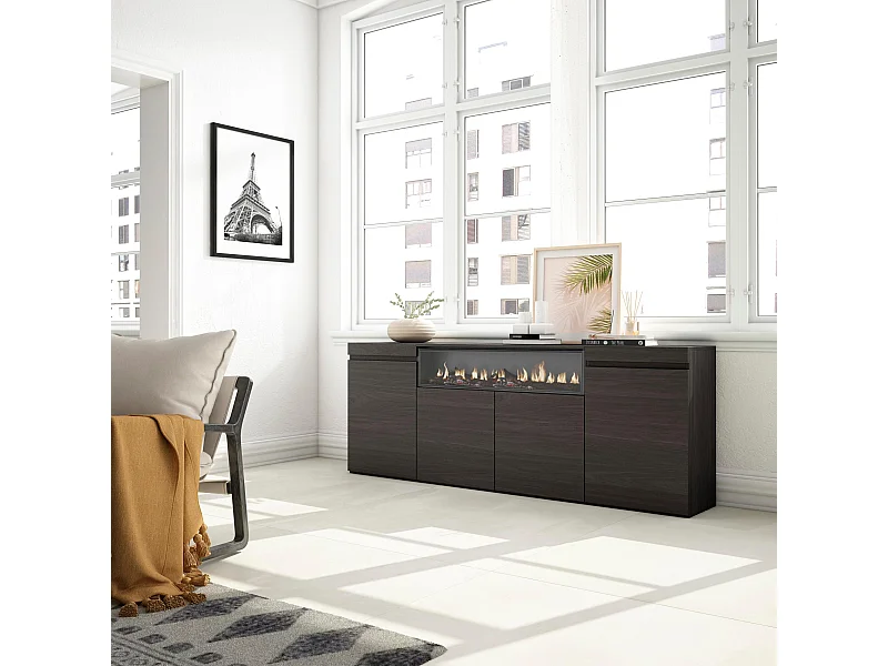 Buffet salon et cuisine, 200x75x35cm, 4 Portes, Cheminée électrique, Noir