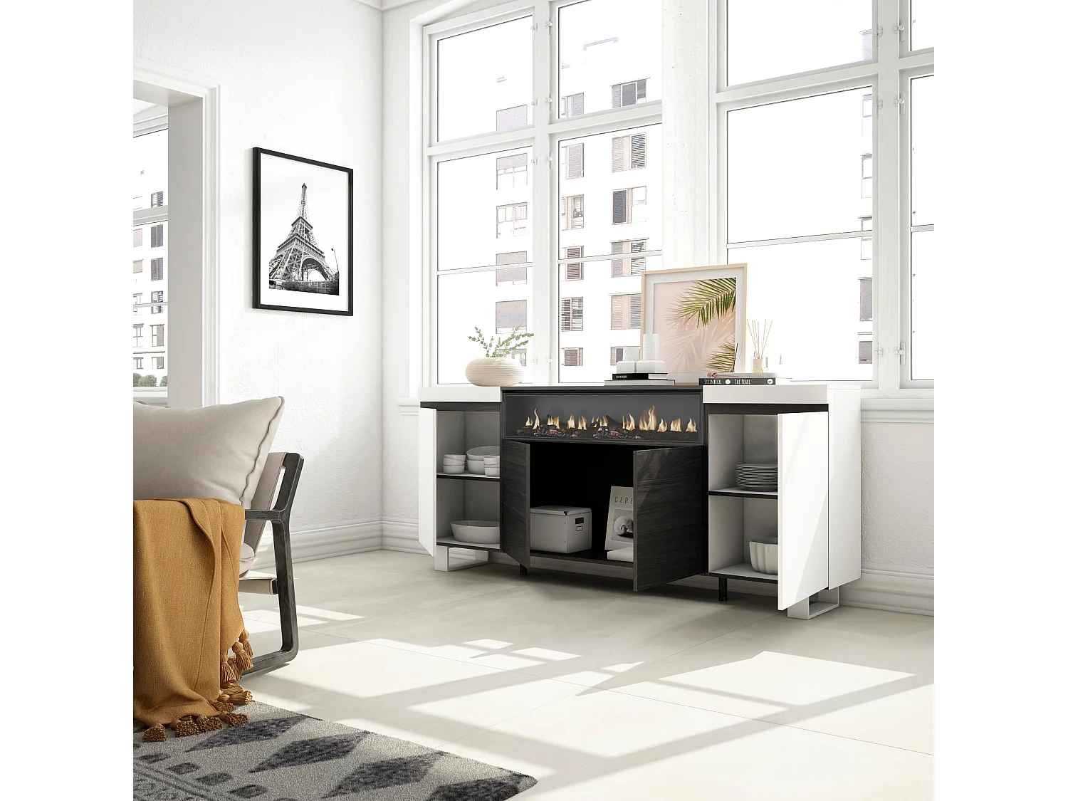 Aparadores para salón, 200x35x87cm, 4 Puertas, Chimenea eléctrica, Diseño industrial, Blanco y negro