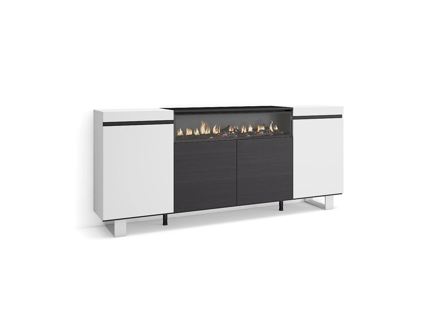 Buffet salon et cuisine, 200x35x87cm, 4 Portes, Cheminée électrique, Design industriel, Blanc et noir