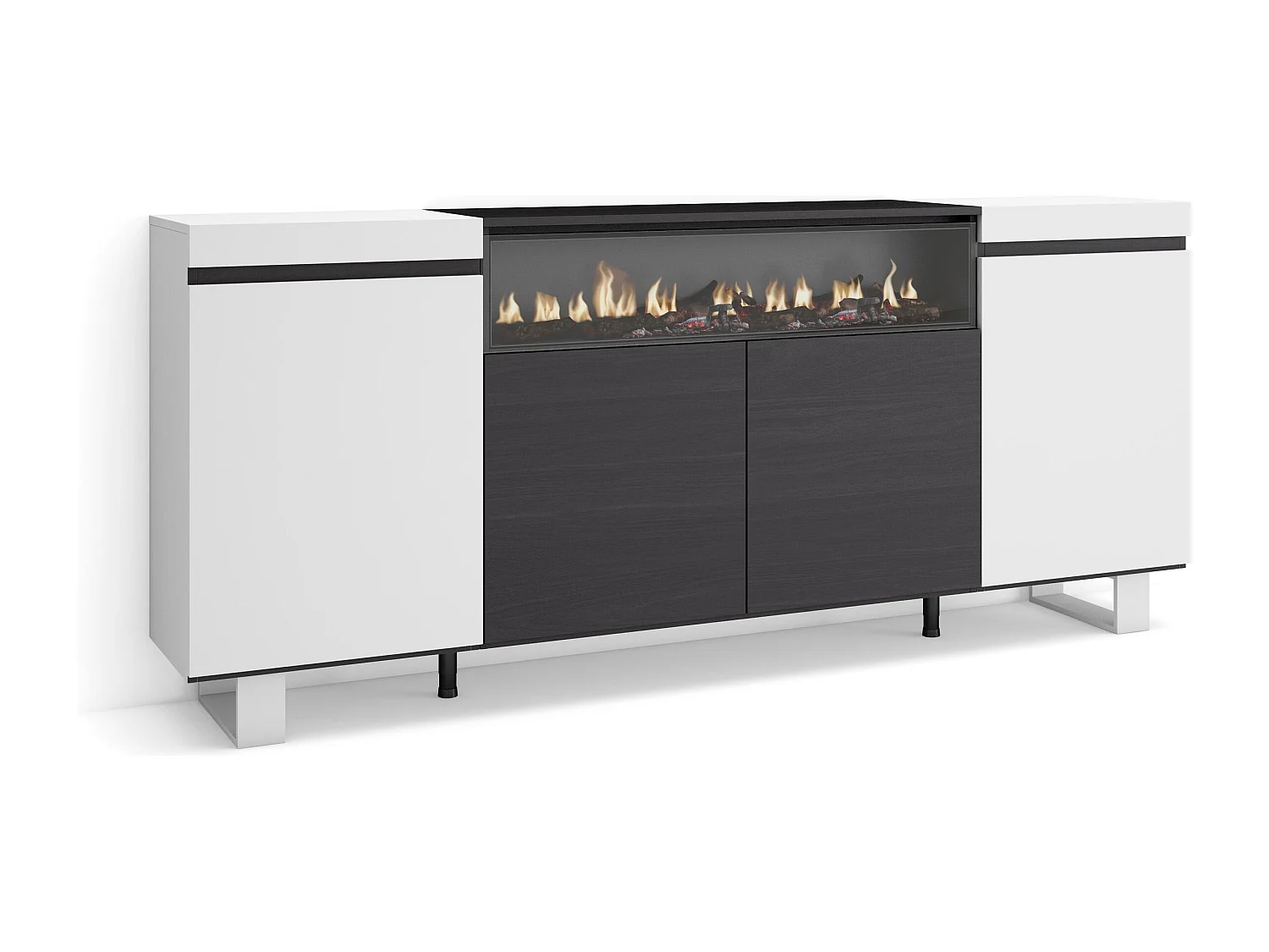 Buffet salon et cuisine, 200x35x87cm, 4 Portes, Cheminée électrique, Design industriel, Blanc et noir