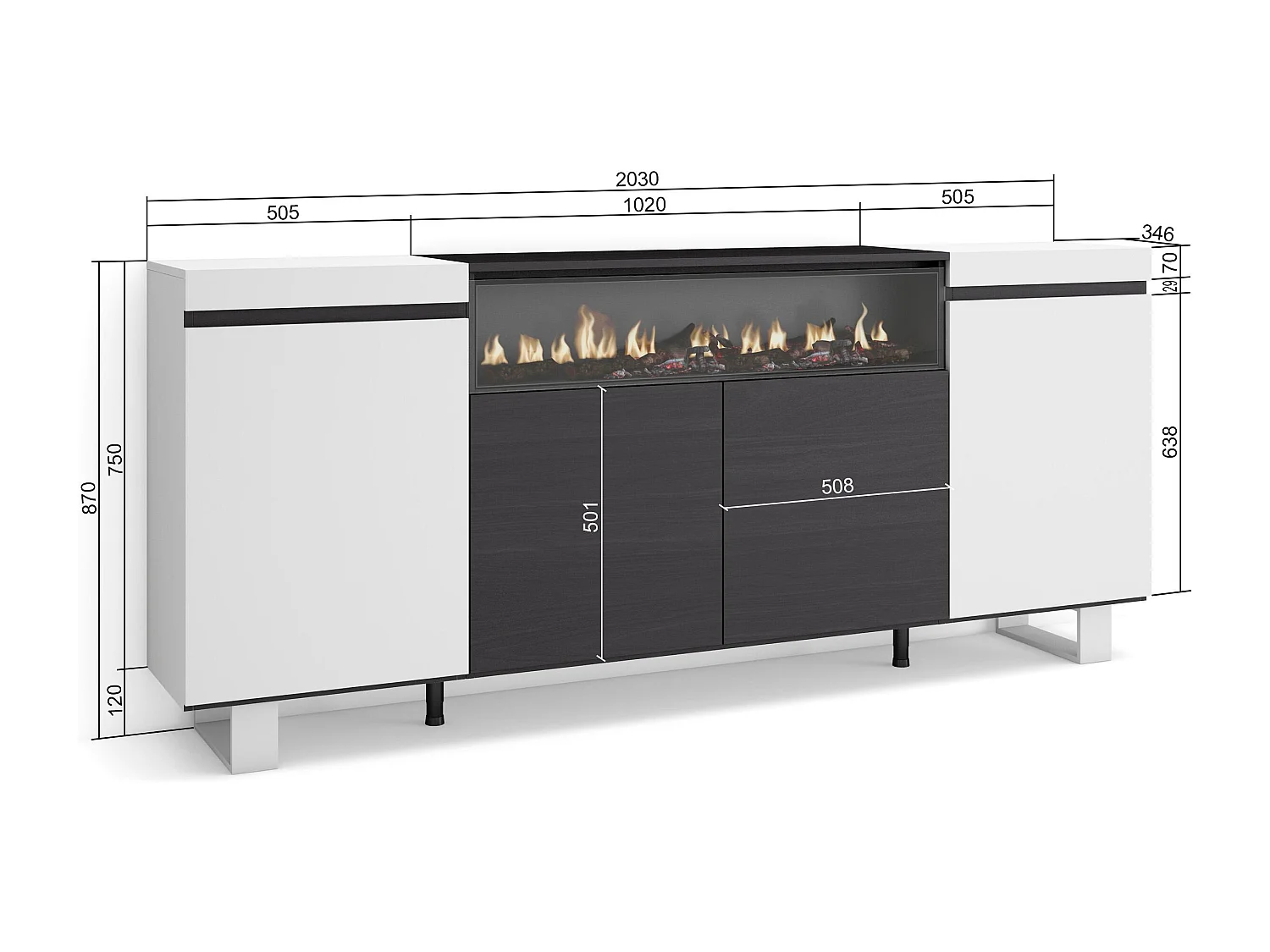 Buffet salon et cuisine, 200x35x87cm, 4 Portes, Cheminée électrique, Design industriel, Blanc et noir