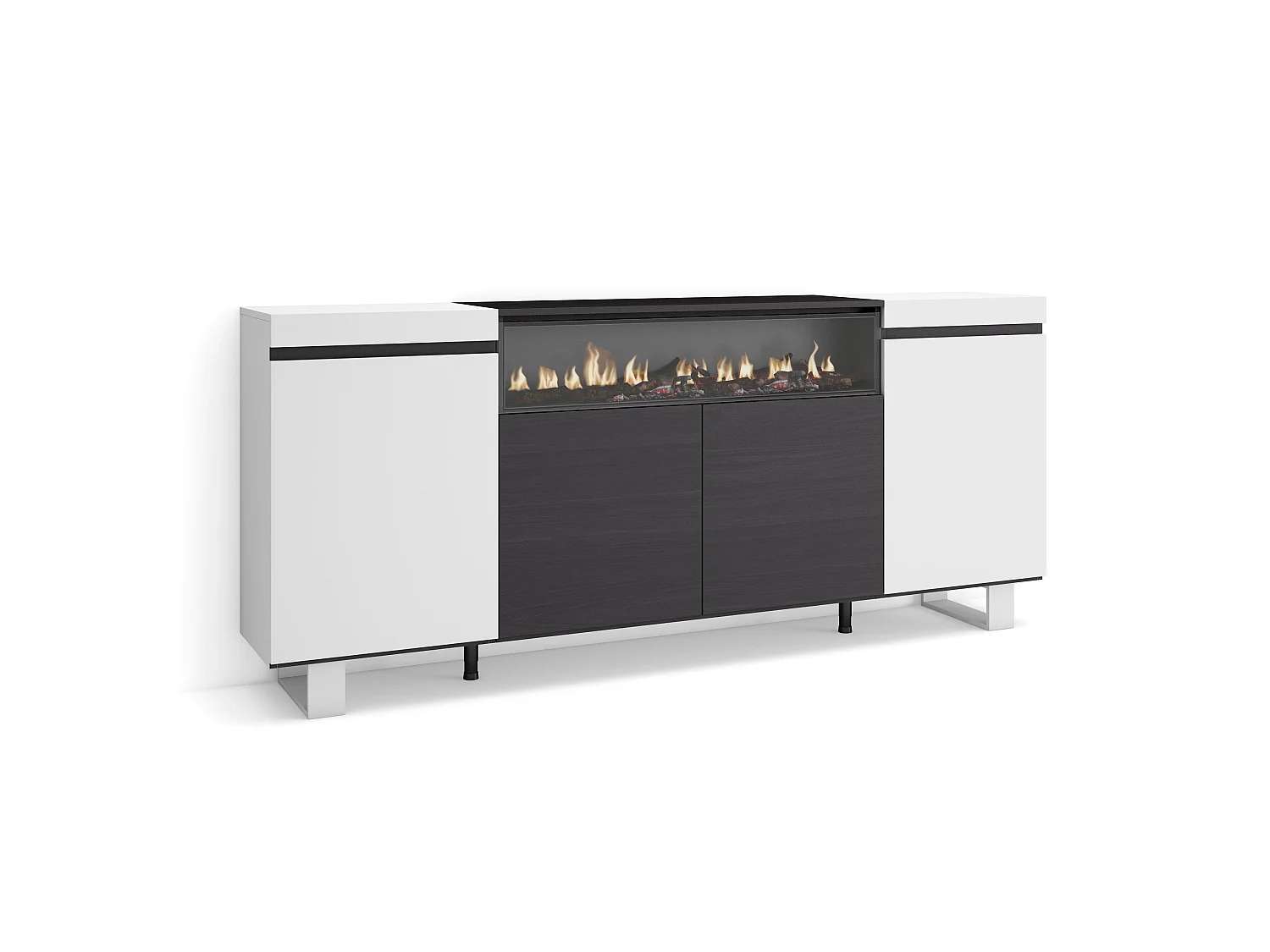 Buffet salon et cuisine, 200x35x87cm, 4 Portes, Cheminée électrique, Design industriel, Blanc et noir