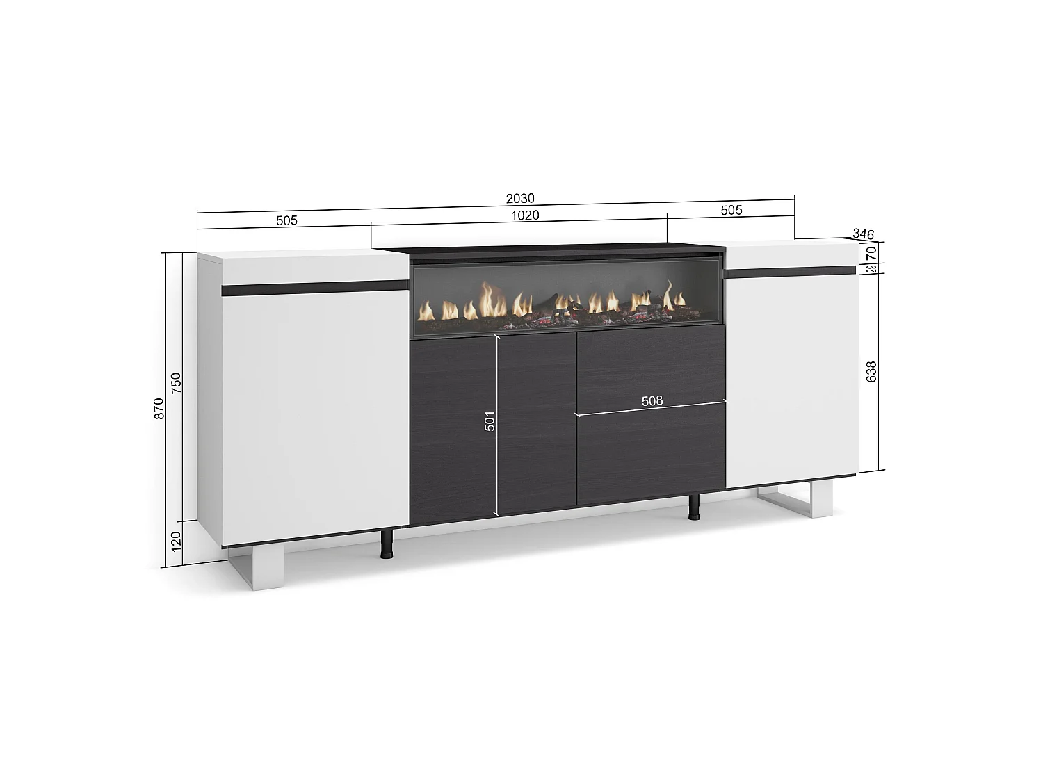 Buffet salon et cuisine, 200x35x87cm, 4 Portes, Cheminée électrique, Design industriel, Blanc et noir