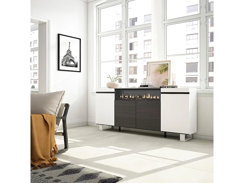 Aparadores para salón, 200x35x87cm, 4 Puertas, Chimenea eléctrica, Diseño industrial, Blanco y negro