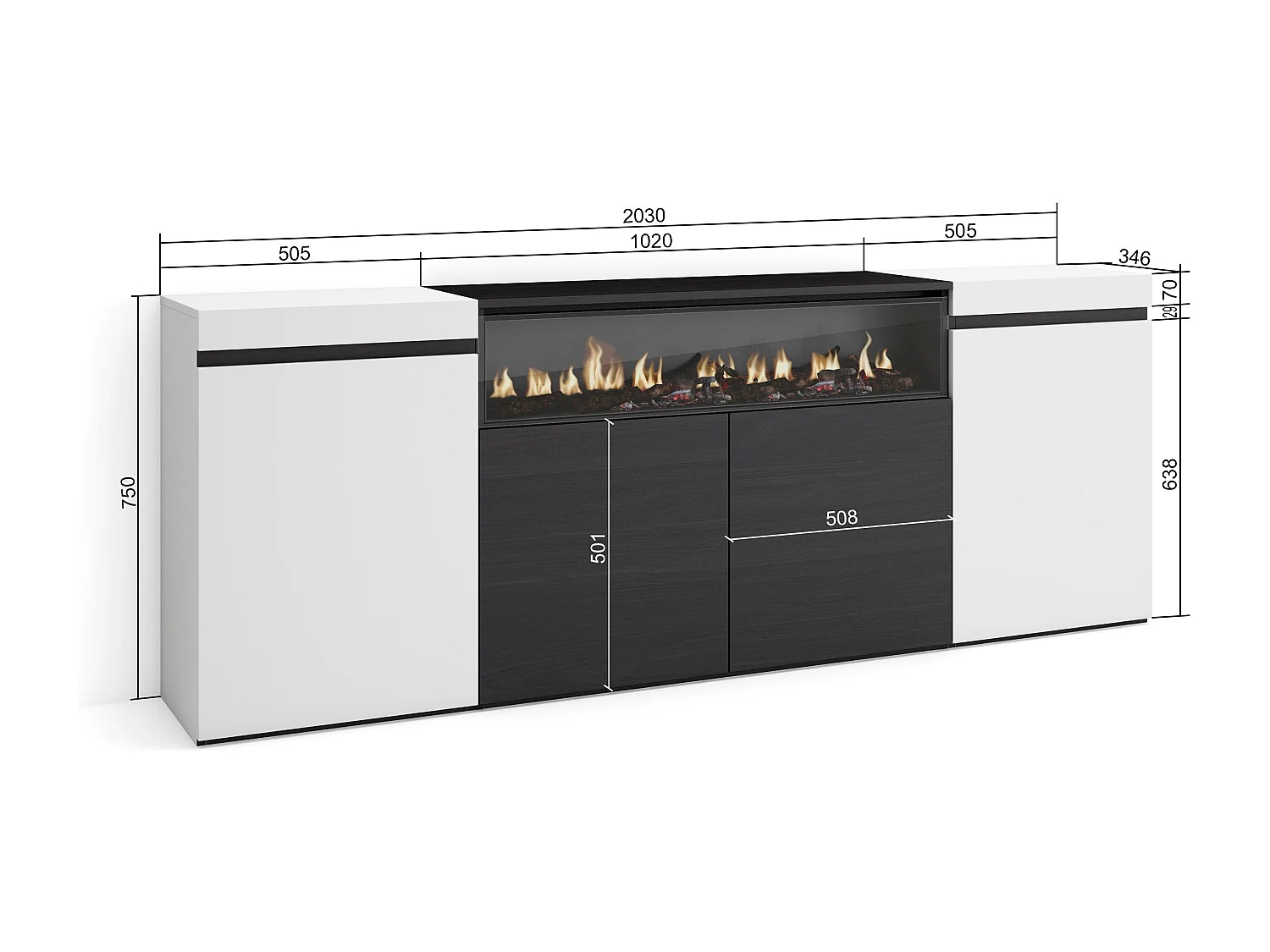 Aparador sala de jantar, 200x35x75cm, 4 Portas, Lareira eléctrica, Branco e preto