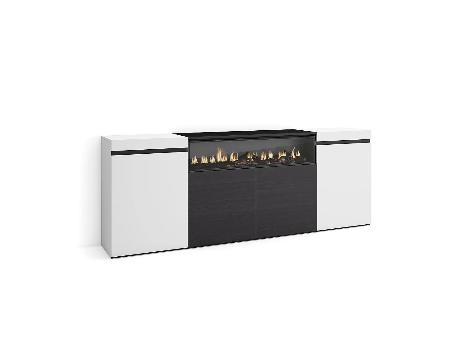 Buffet salon et cuisine, 200x75x35cm, 4 Portes, Cheminée électrique, Blanc et noir