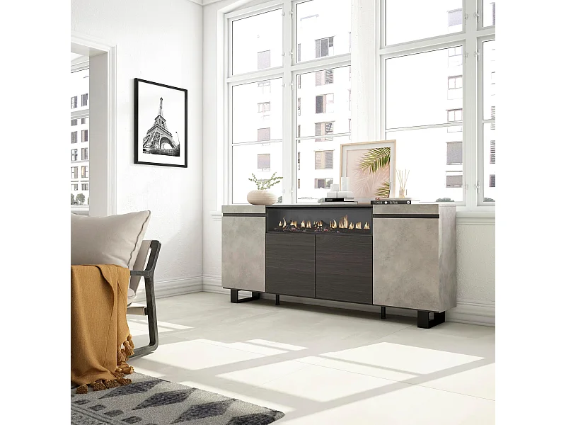 Buffet salon et cuisine, 200x35x87cm, 4 Portes, Cheminée électrique, Design industriel, Ciment
