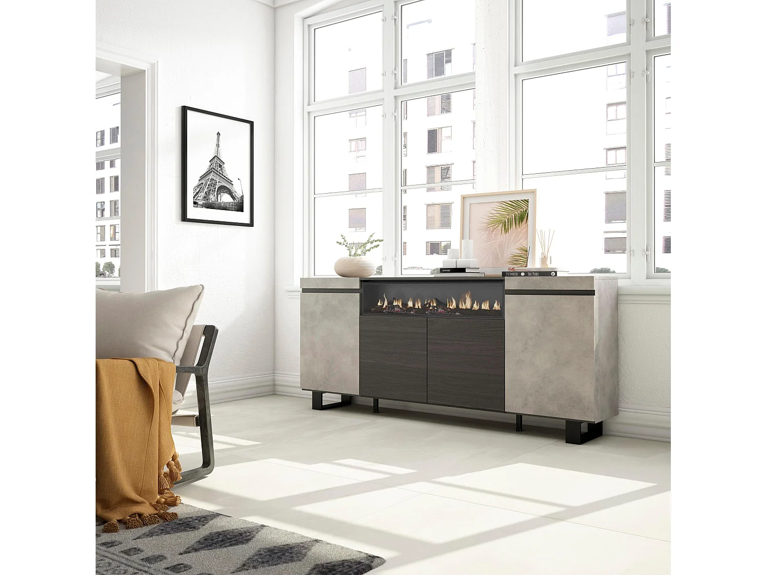 Buffet salon et cuisine, 200x35x87cm, 4 Portes, Cheminée électrique, Design industriel, Ciment