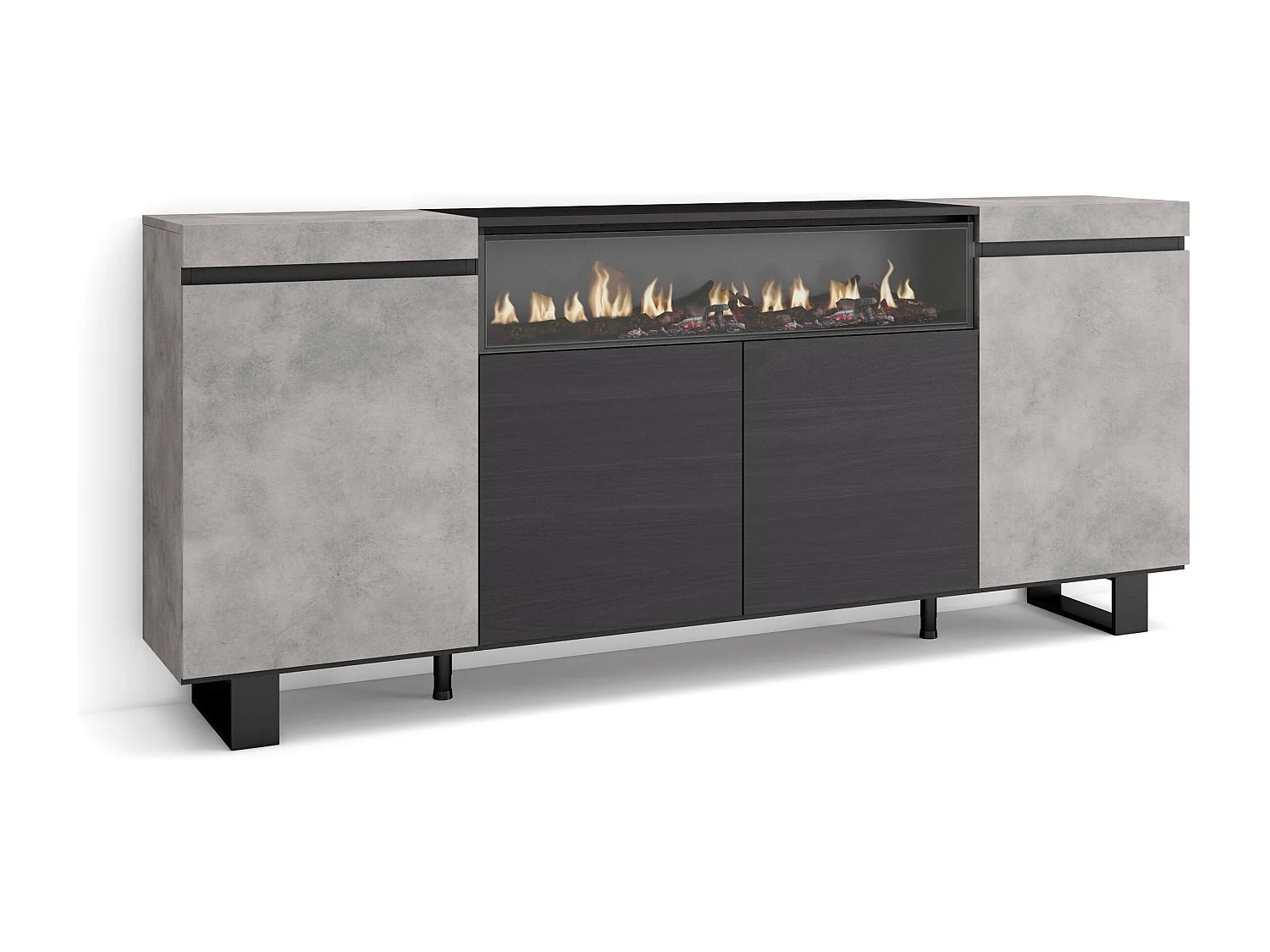 Buffet salon et cuisine, 200x35x87cm, 4 Portes, Cheminée électrique, Design industriel, Ciment