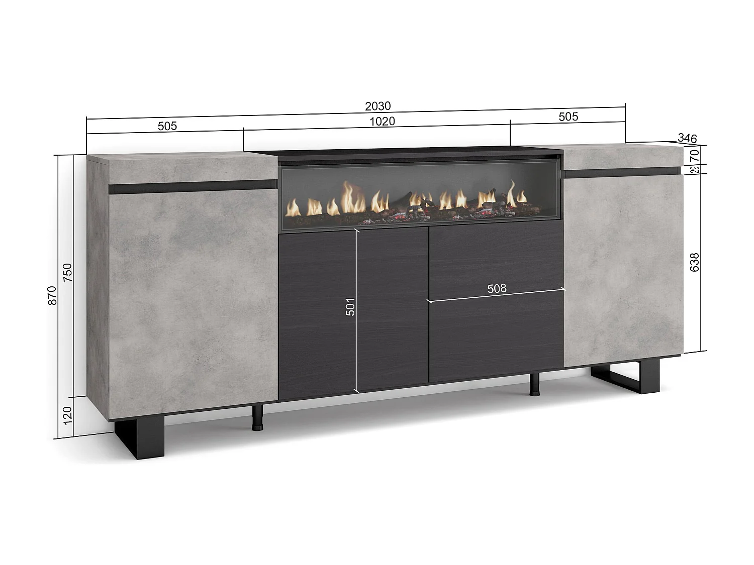 Buffet salon et cuisine, 200x35x87cm, 4 Portes, Cheminée électrique, Design industriel, Ciment