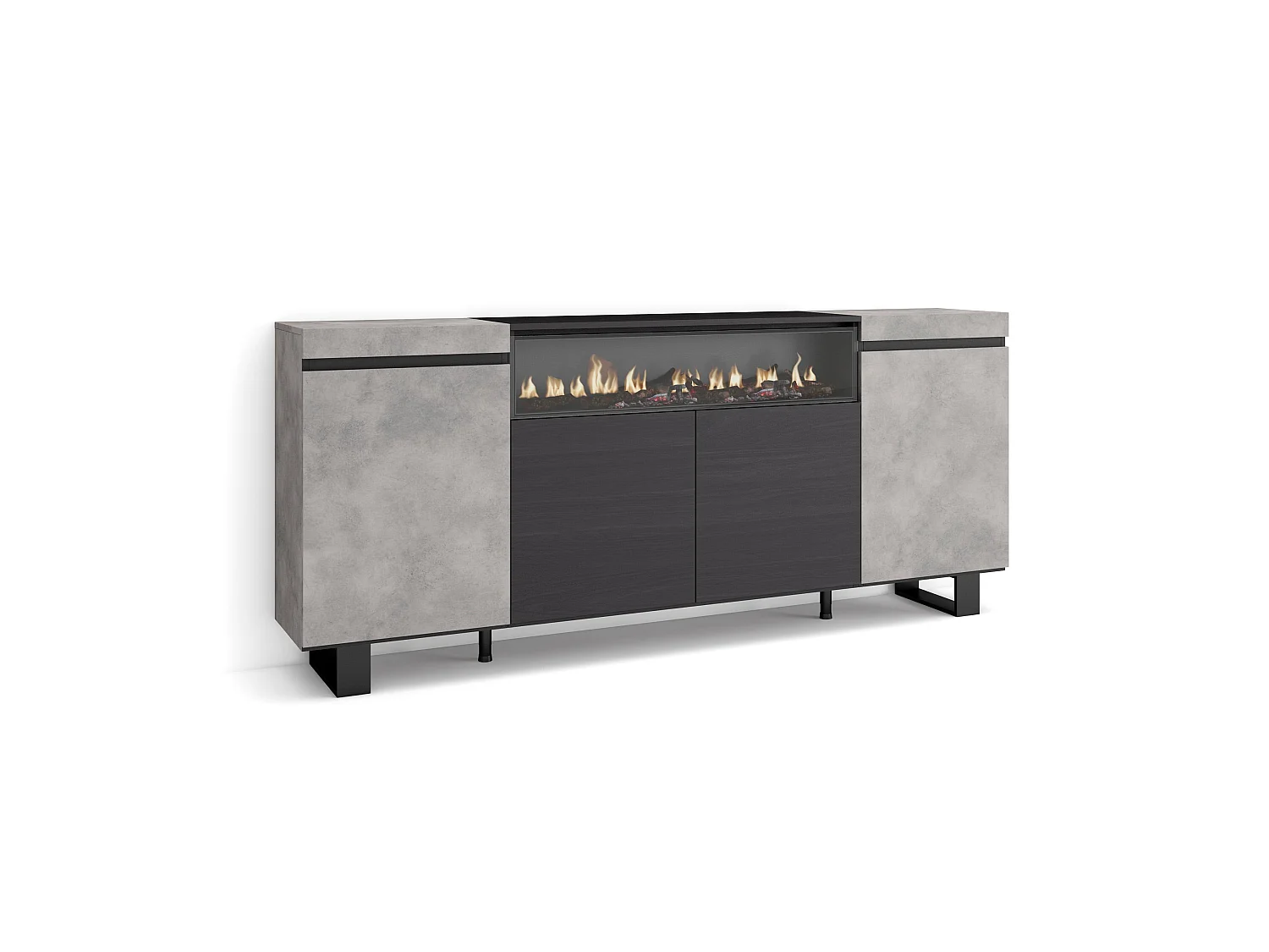 Buffet salon et cuisine, 200x35x87cm, 4 Portes, Cheminée électrique, Design industriel, Ciment
