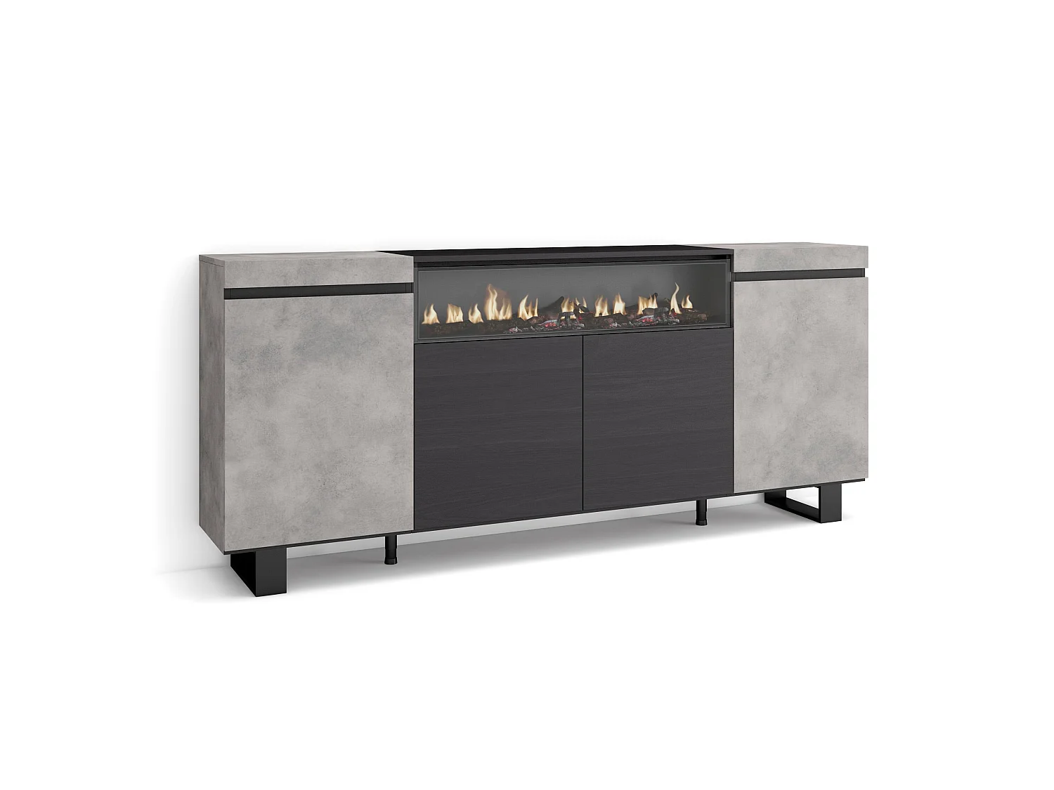 Sideboard, Highboard, 200x35x87cm, 4 Türen, Elektrokamin, Industriedesign, Zement
