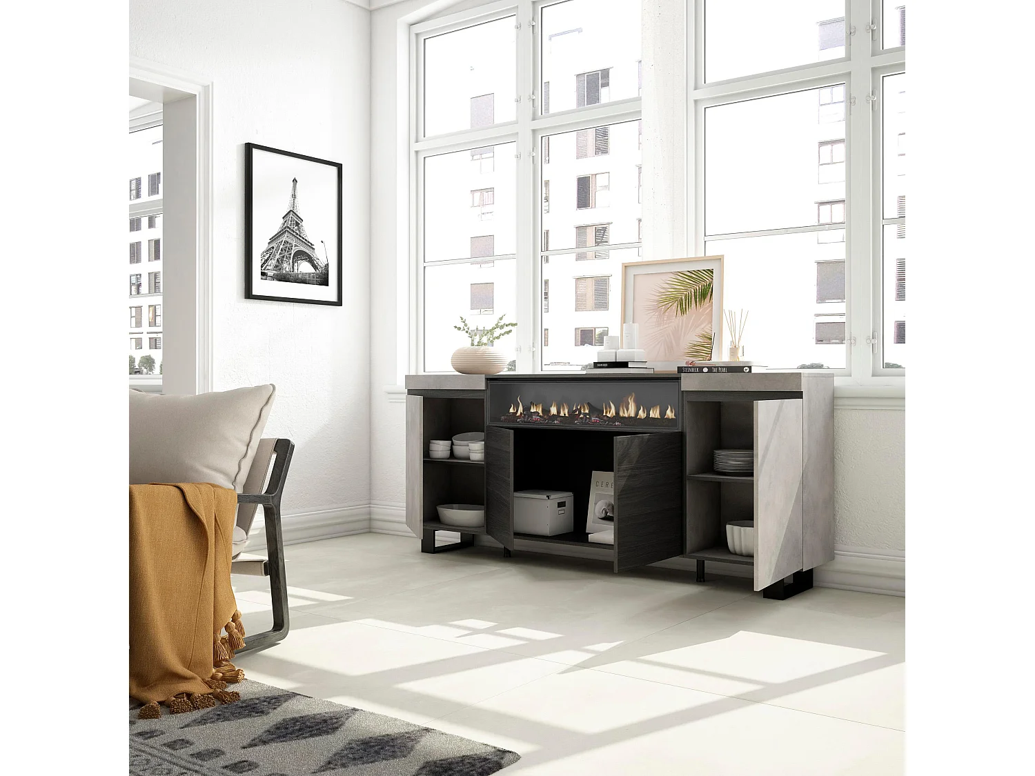 Sideboard, Highboard, 200x35x87cm, 4 Türen, Elektrokamin, Industriedesign, Zement