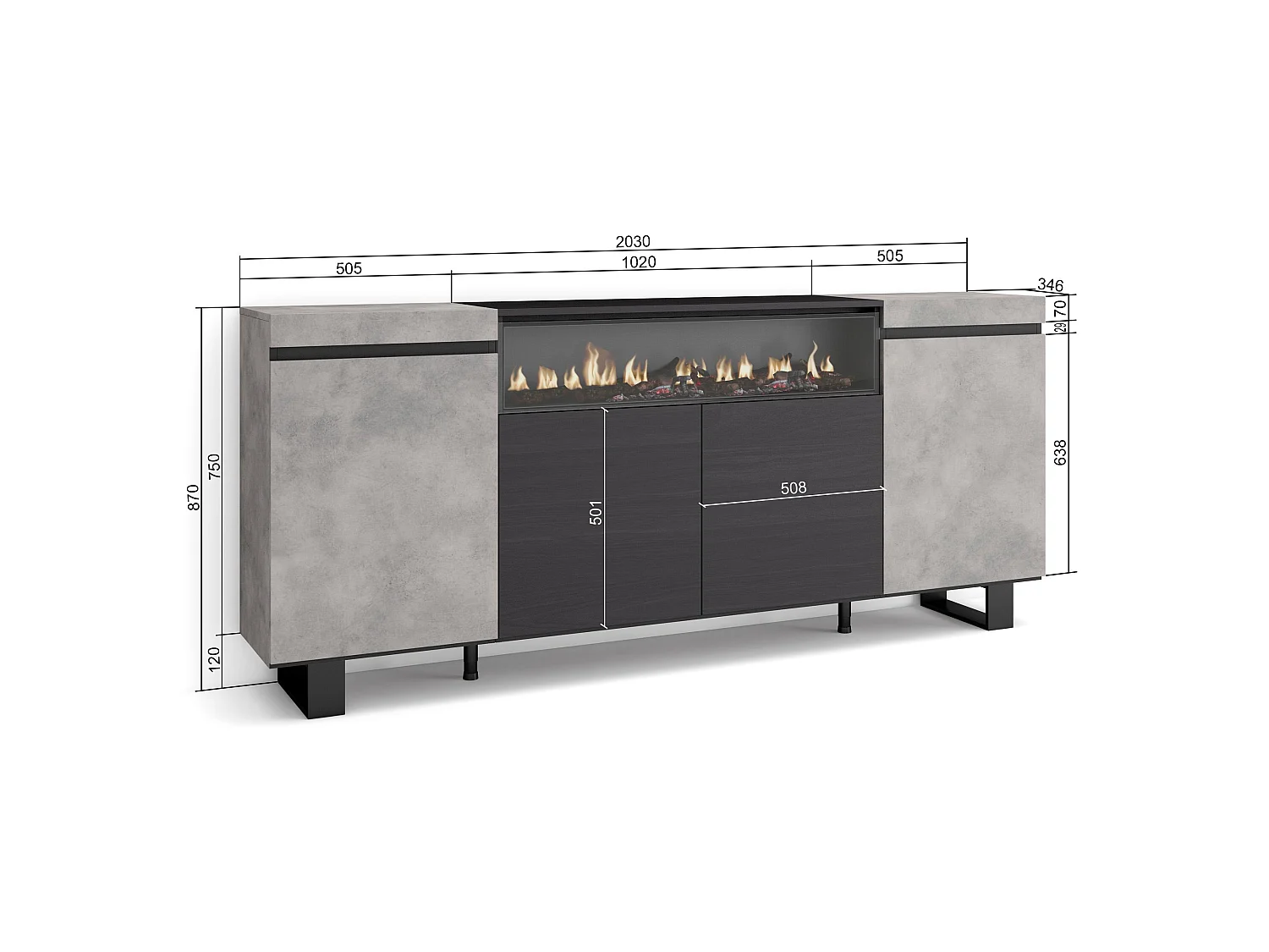 Sideboard, Highboard, 200x35x87cm, 4 Türen, Elektrokamin, Industriedesign, Zement