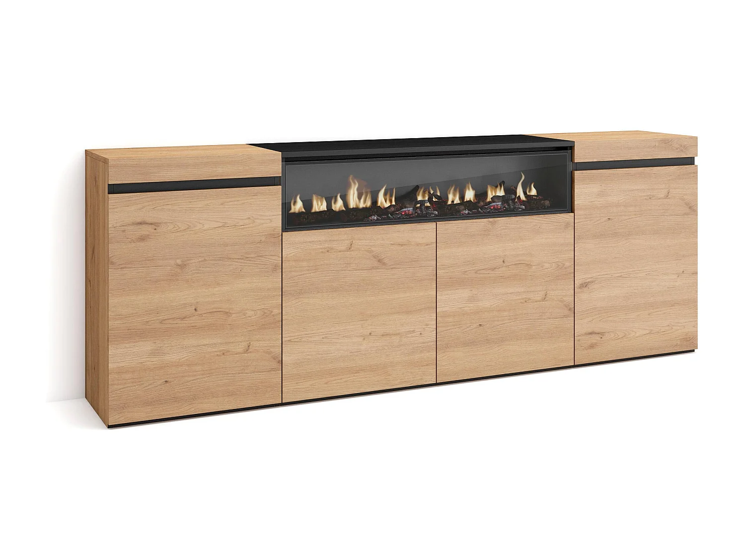 Sideboard, Highboard, 200x35x75cm, 4 Türen, Elektrokamin, Eiche Schwarz