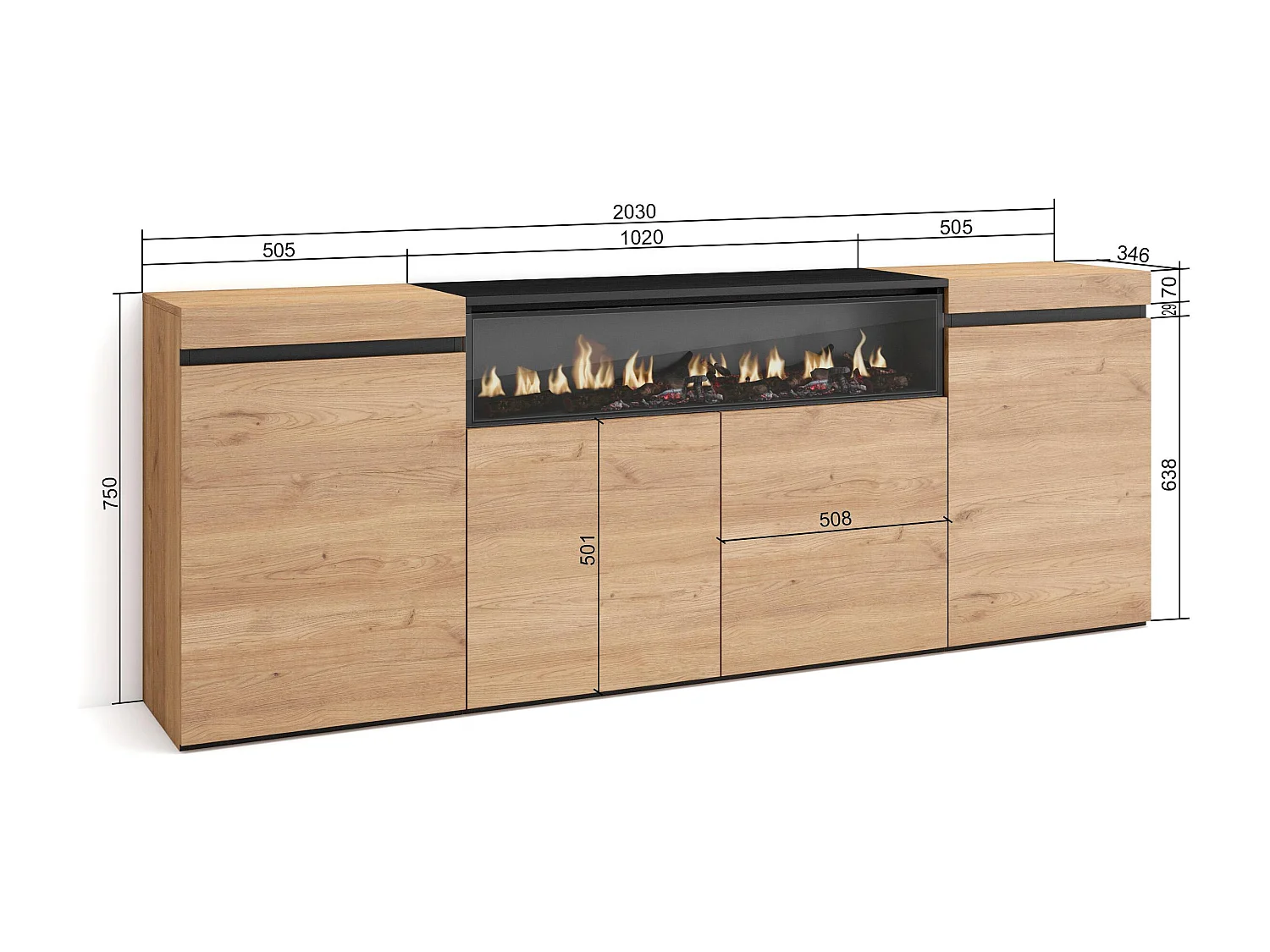 Sideboard, Highboard, 200x35x75cm, 4 Türen, Elektrokamin, Eiche Schwarz