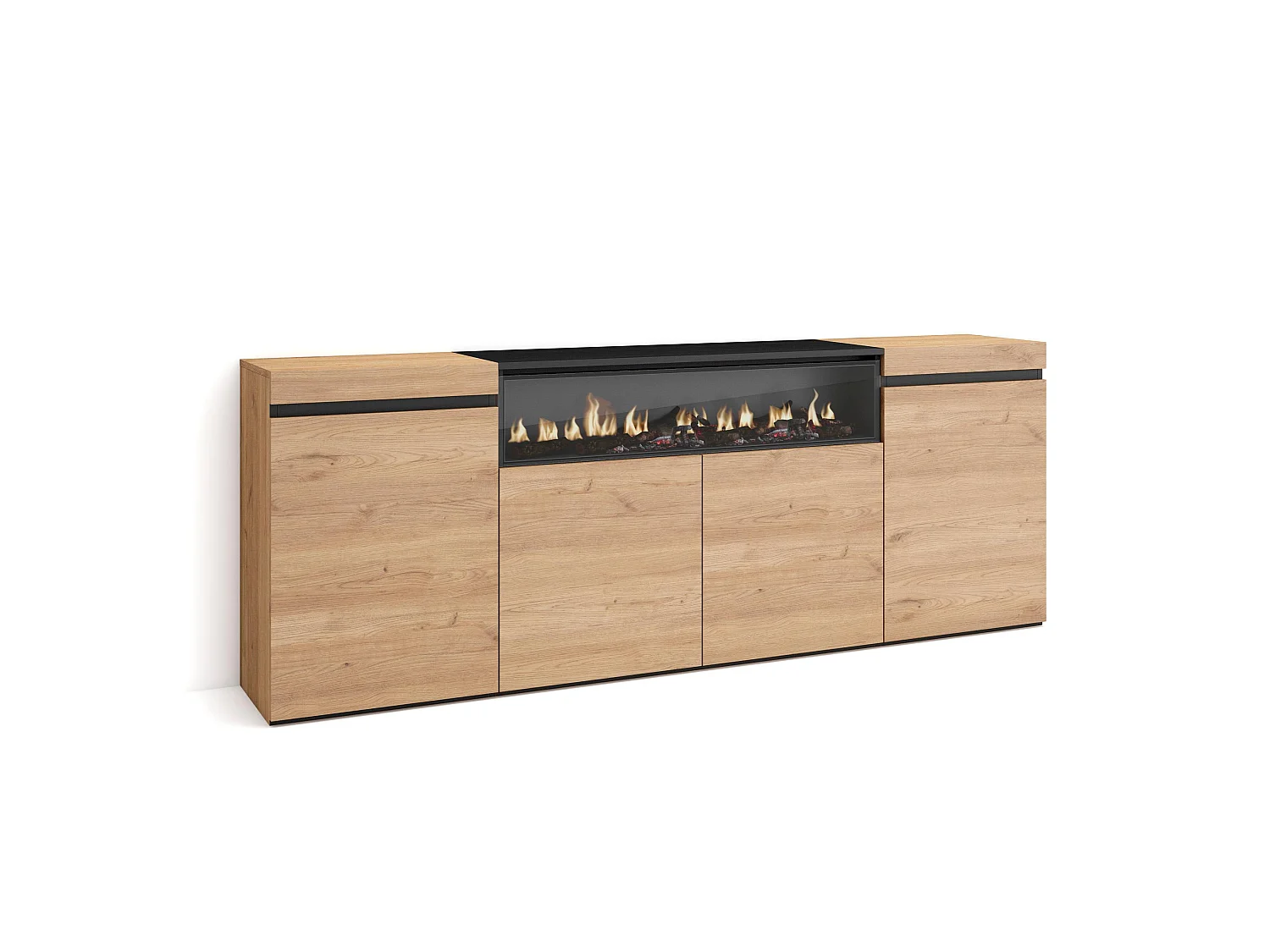 Buffet salon et cuisine, 200x35x75cm, 4 Portes, Cheminée électrique, Chêne et noir