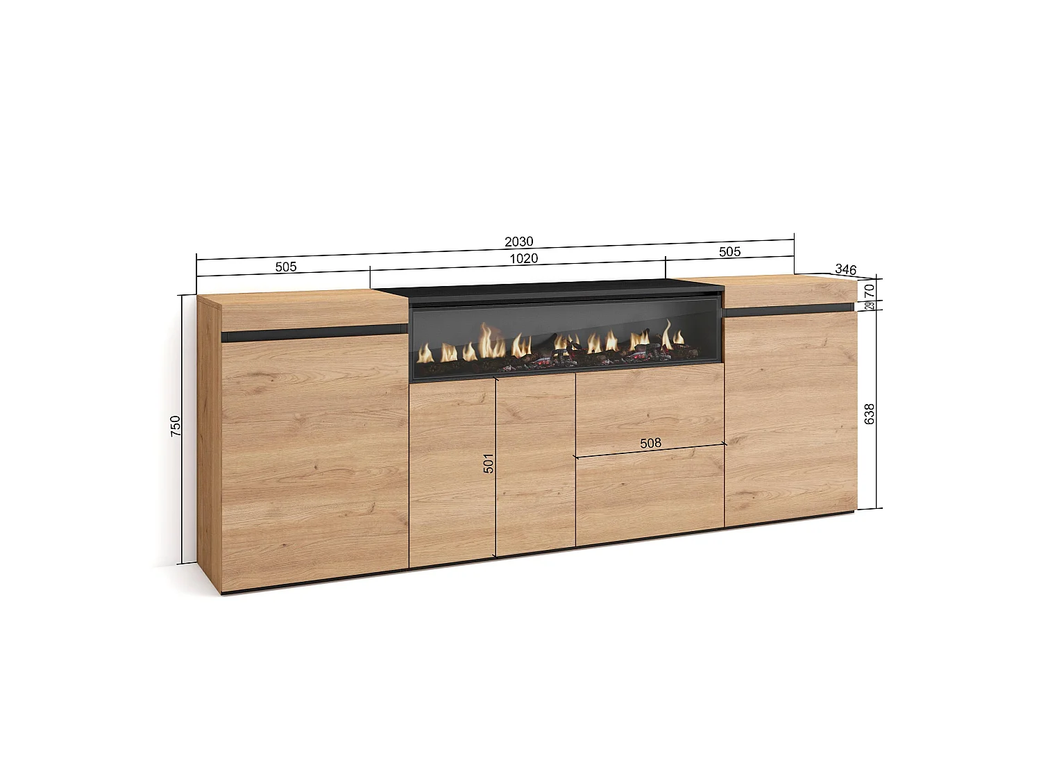 Buffet salon et cuisine, 200x35x75cm, 4 Portes, Cheminée électrique, Chêne et noir