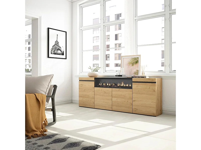 Buffet salon et cuisine, 200x75x35cm, 4 Portes, Cheminée électrique, Chêne et noir