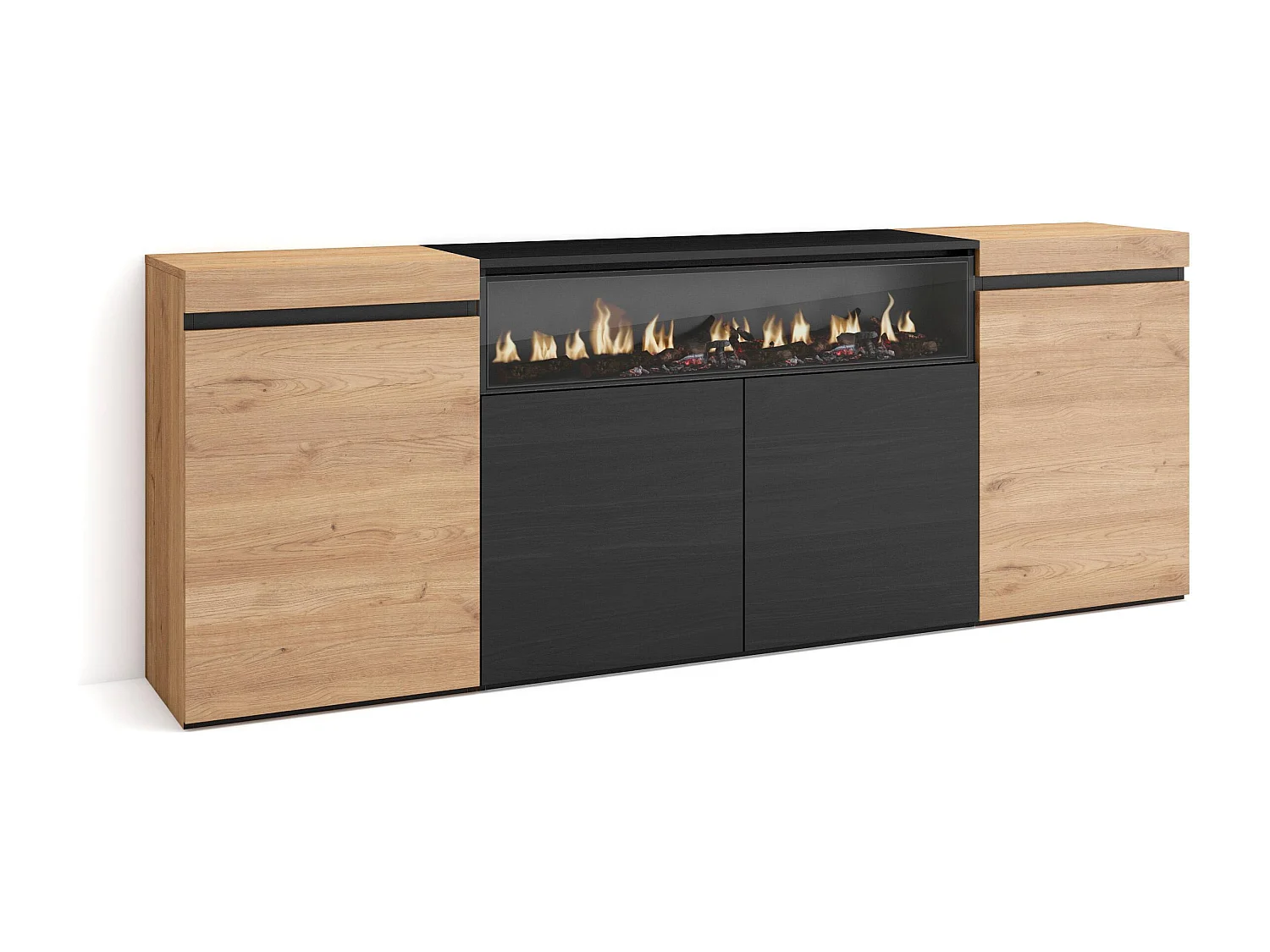 Sideboard, Highboard, 200x35x75cm, 4 Türen, Elektrokamin, Eiche Schwarz