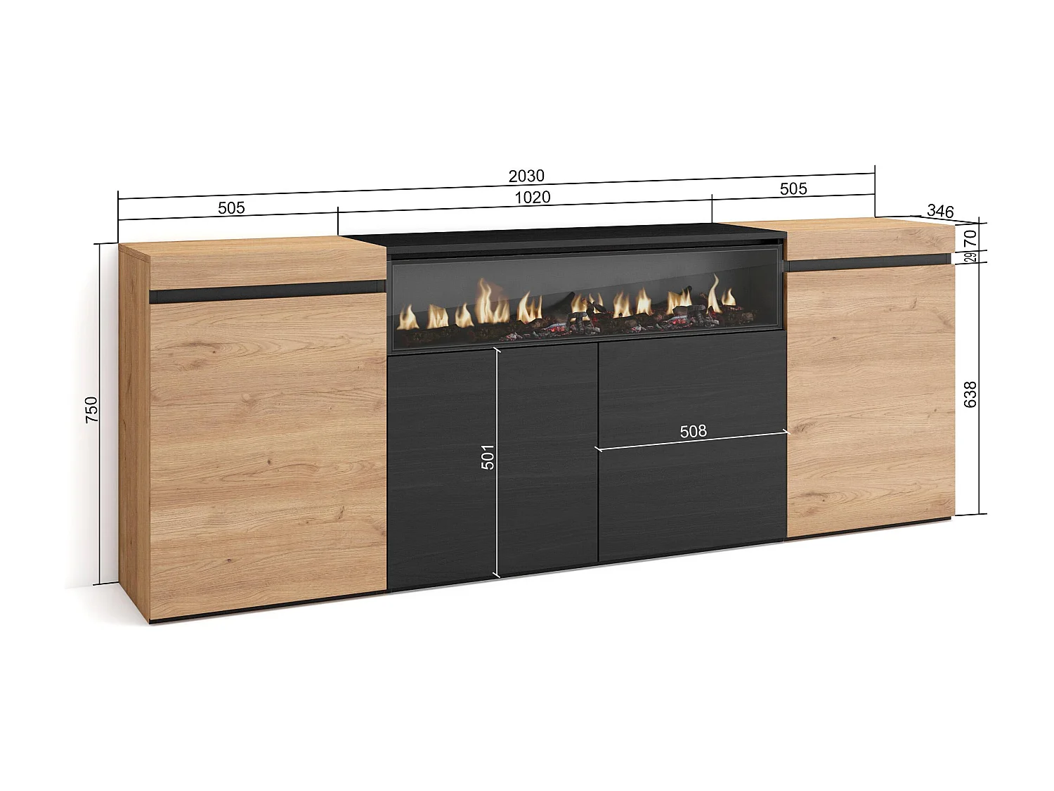Sideboard, Highboard, 200x35x75cm, 4 Türen, Elektrokamin, Eiche Schwarz