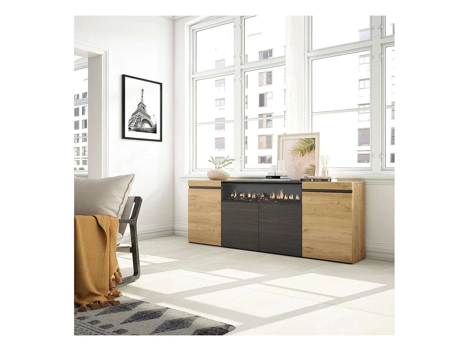 Dressoir, Opbergkast, 200x75x35cm, 4 Deuren, Elektrische haard, Eiken/Zwart