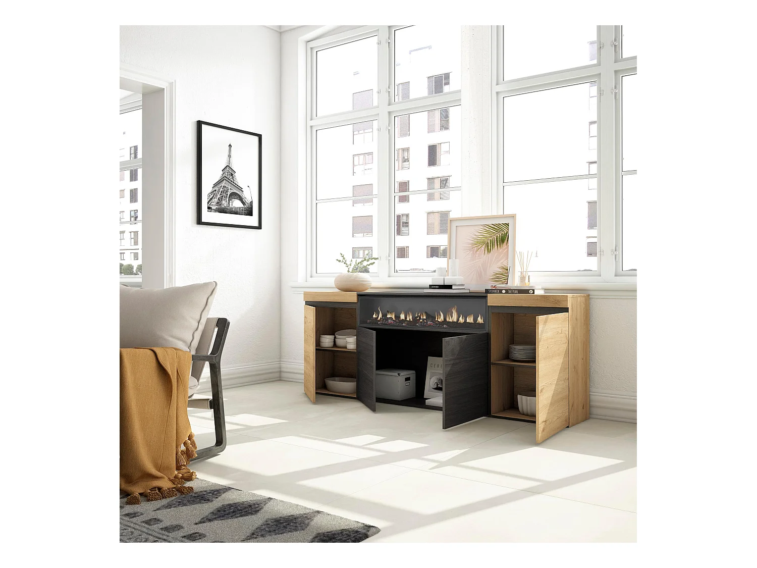 Dressoir, Opbergkast, 200x75x35cm, 4 Deuren, Elektrische haard, Eiken/Zwart