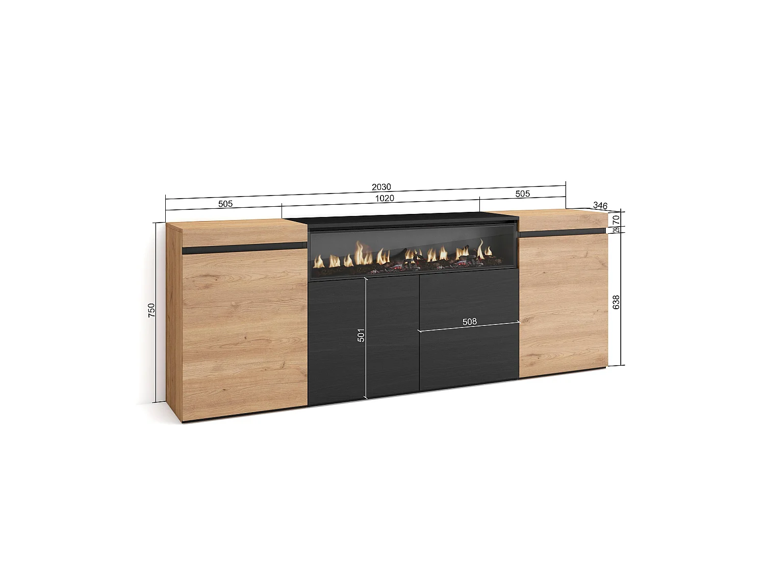 Dressoir, Opbergkast, 200x75x35cm, 4 Deuren, Elektrische haard, Eiken/Zwart