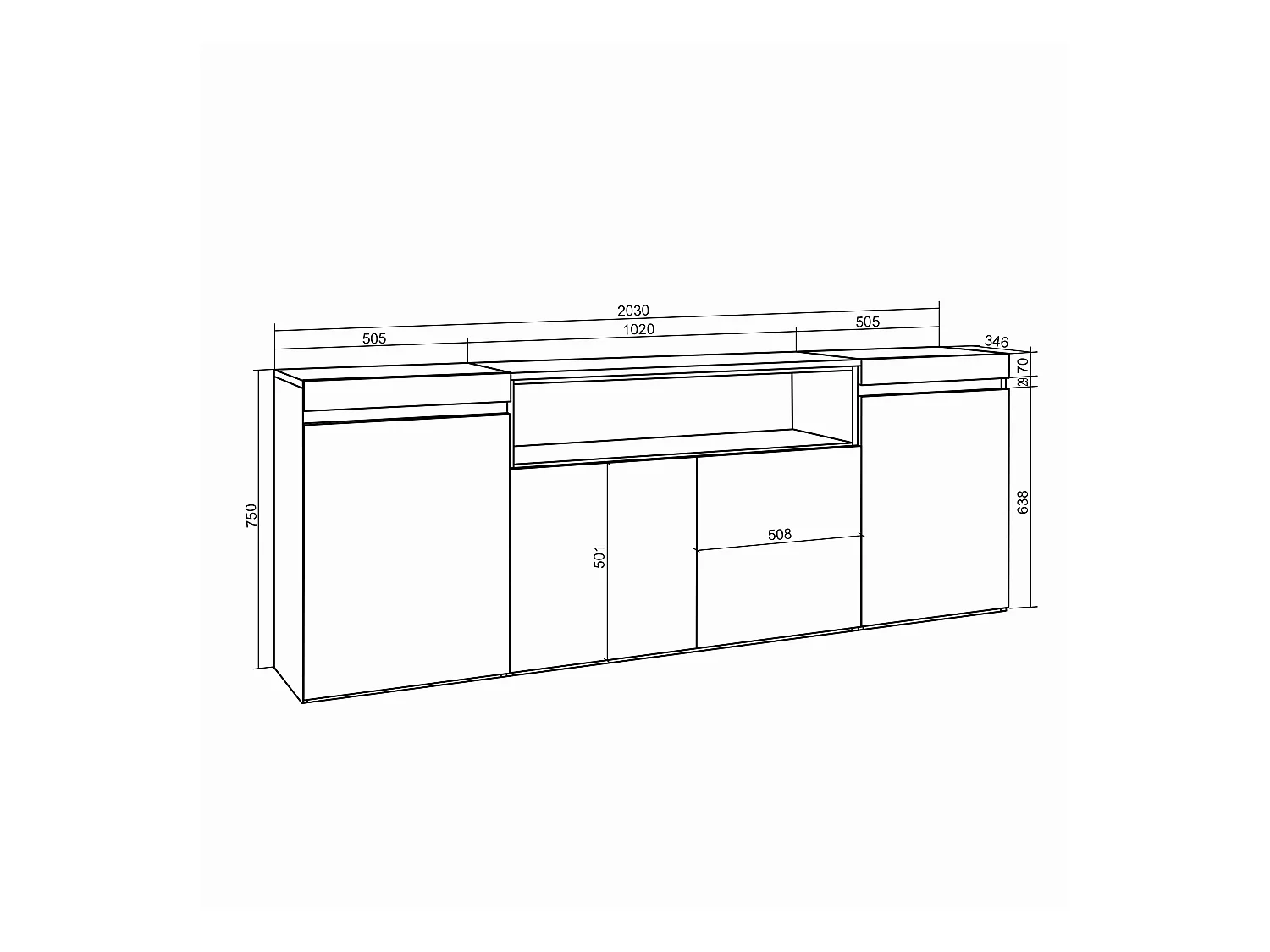 Dressoir, Opbergkast, 200x75x35cm, 4 Deuren, Elektrische haard, Eiken/Zwart