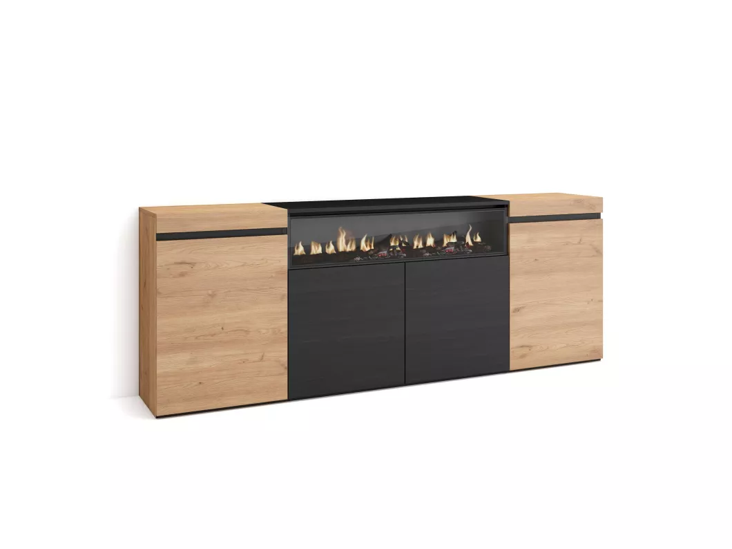 Kauf Unique Sideboard, Highboard, 200x75x35cm, 4 Türen, Elektrokamin. Maße, Eiche Schwarz